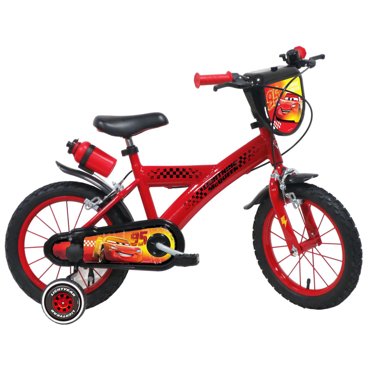 Disney Cars Vélo enfant - Modèle 14'' Cars pour enfant de 95/110 cm avec stabilisateurs - Plaque décorative avant - Porte bidon - 2 freins et pneus gonflables
