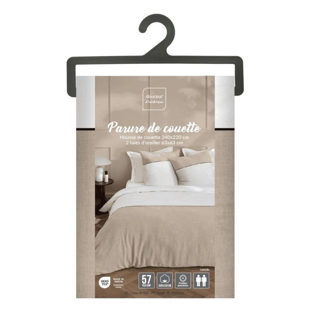 Douceur d'Intérieur Housse de couette 240x220 + 2 taies bicolore 100% coton 57fils