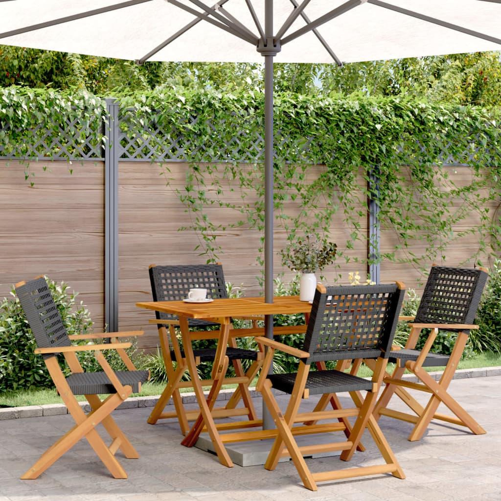 VIDAXL Chaises de jardin pliantes lot de 4 noir poly rotin bois massif