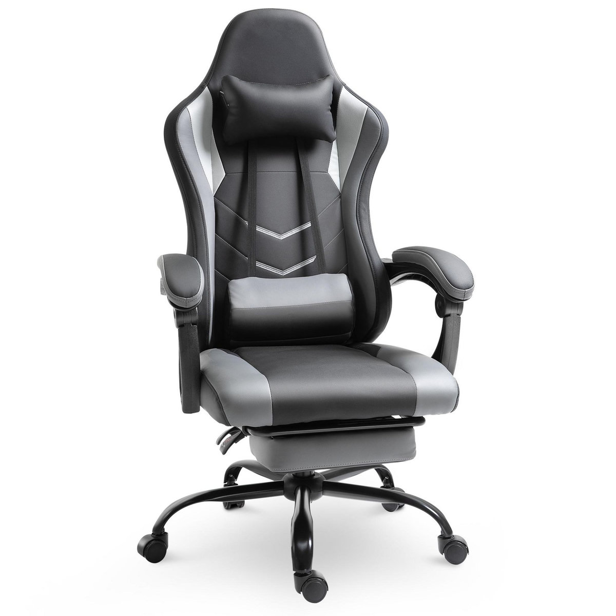 VINSETTO Vinsetto Fauteuil de bureau gamer style baquet racing - pivotant, inclinable - coussin lombaire, tétière, repose-pieds inclus - revêtement synthétique gris noir