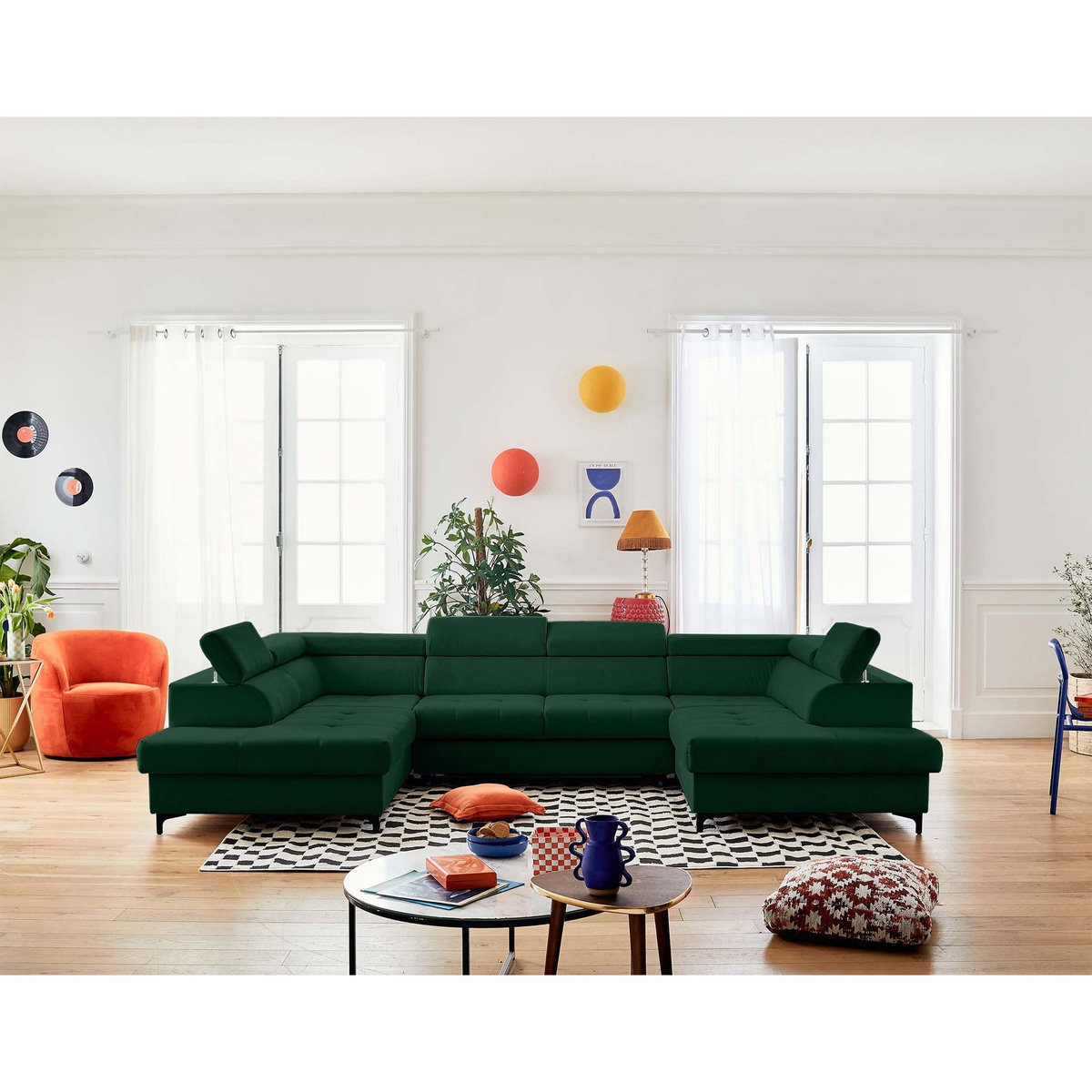 LISA DESIGN Merida - canapé panoramique en u - 7 places - convertible avec coffres et têtières réglables - en velours