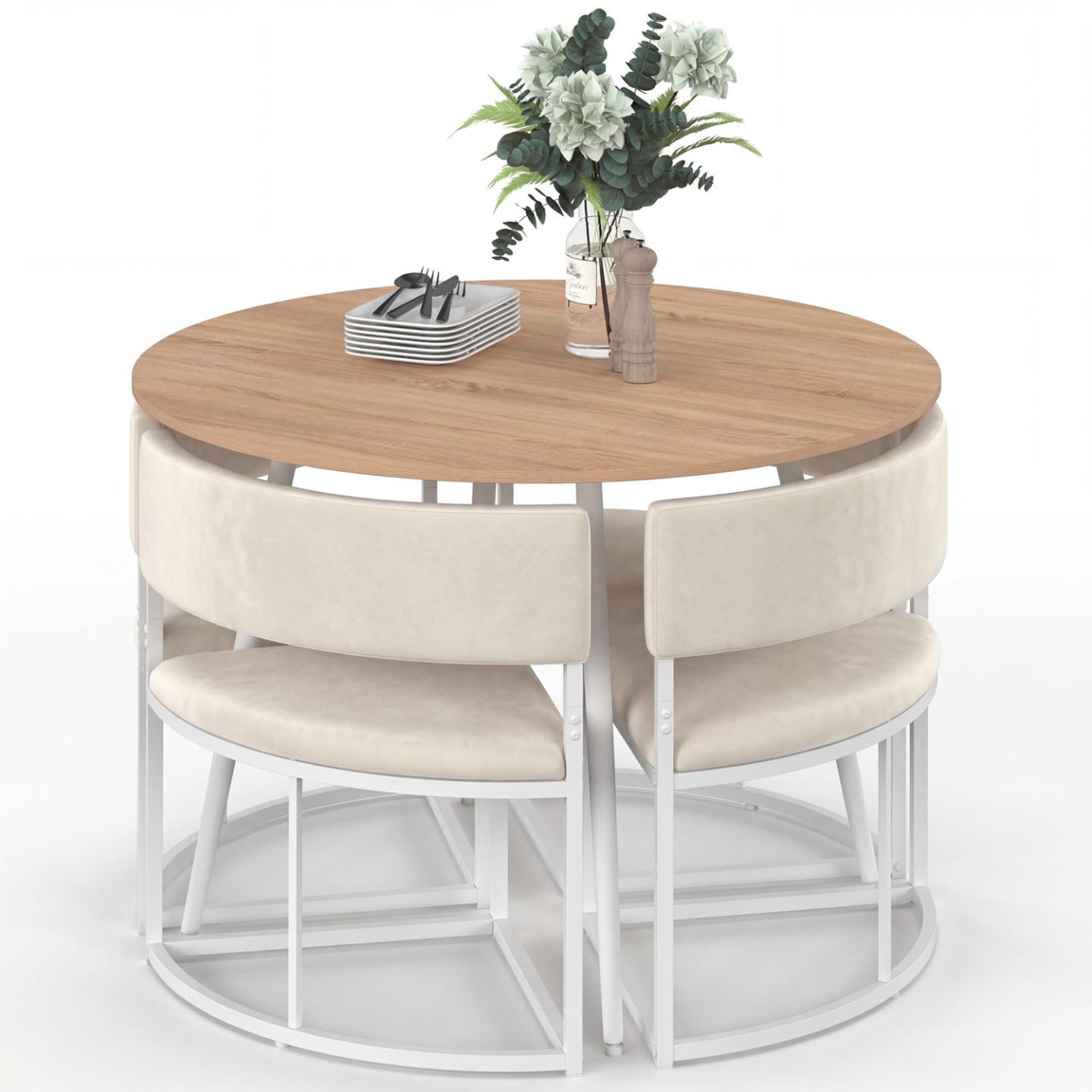 Voir la diapositive 6 : ID MARKET Ensemble table + 4 chaises encastrables milene métal blanc plateau façon hêtre et tissu velours beige