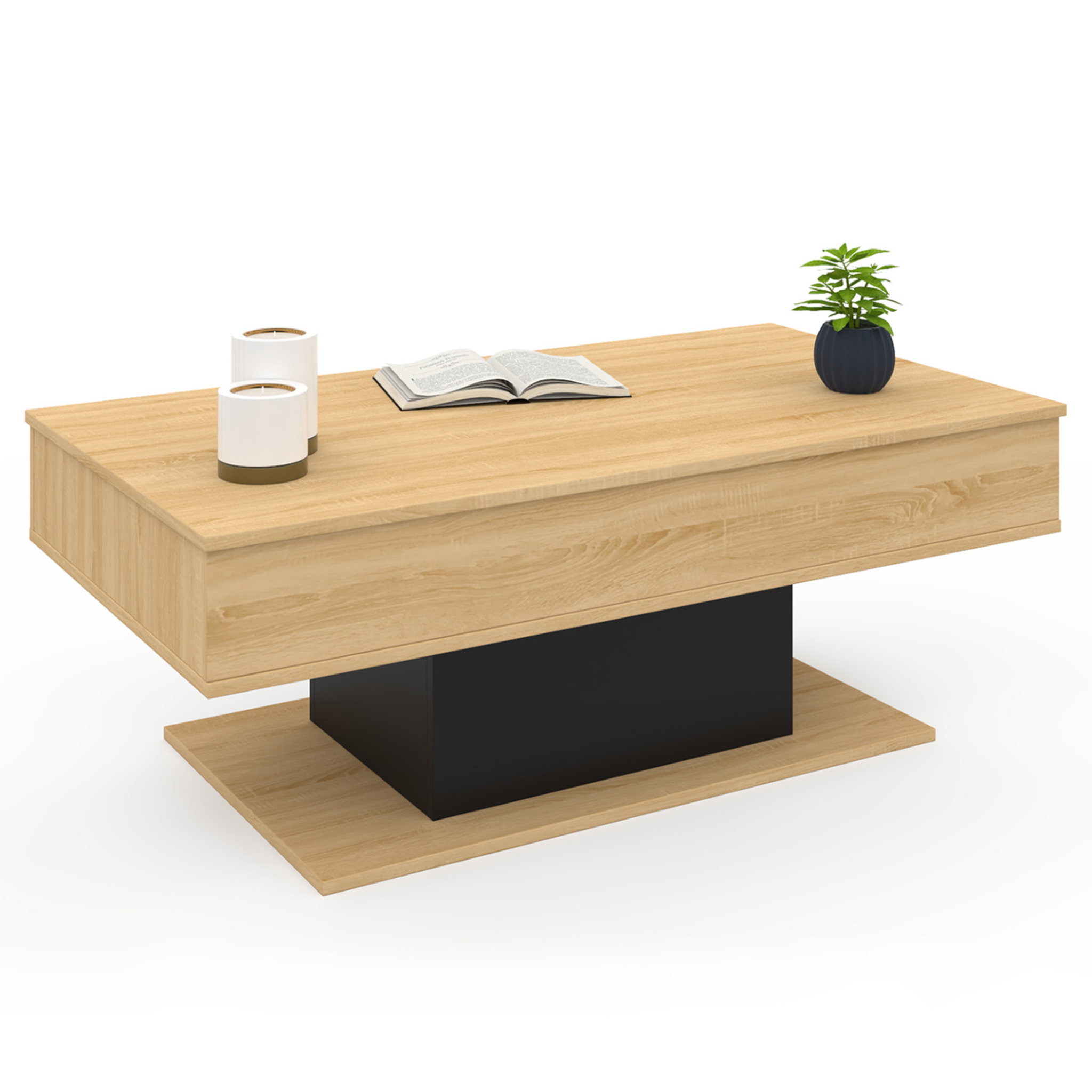 Voir la diapositive 4 : ID MARKET Table basse plateau relevable rectangulaire eden bois et noir