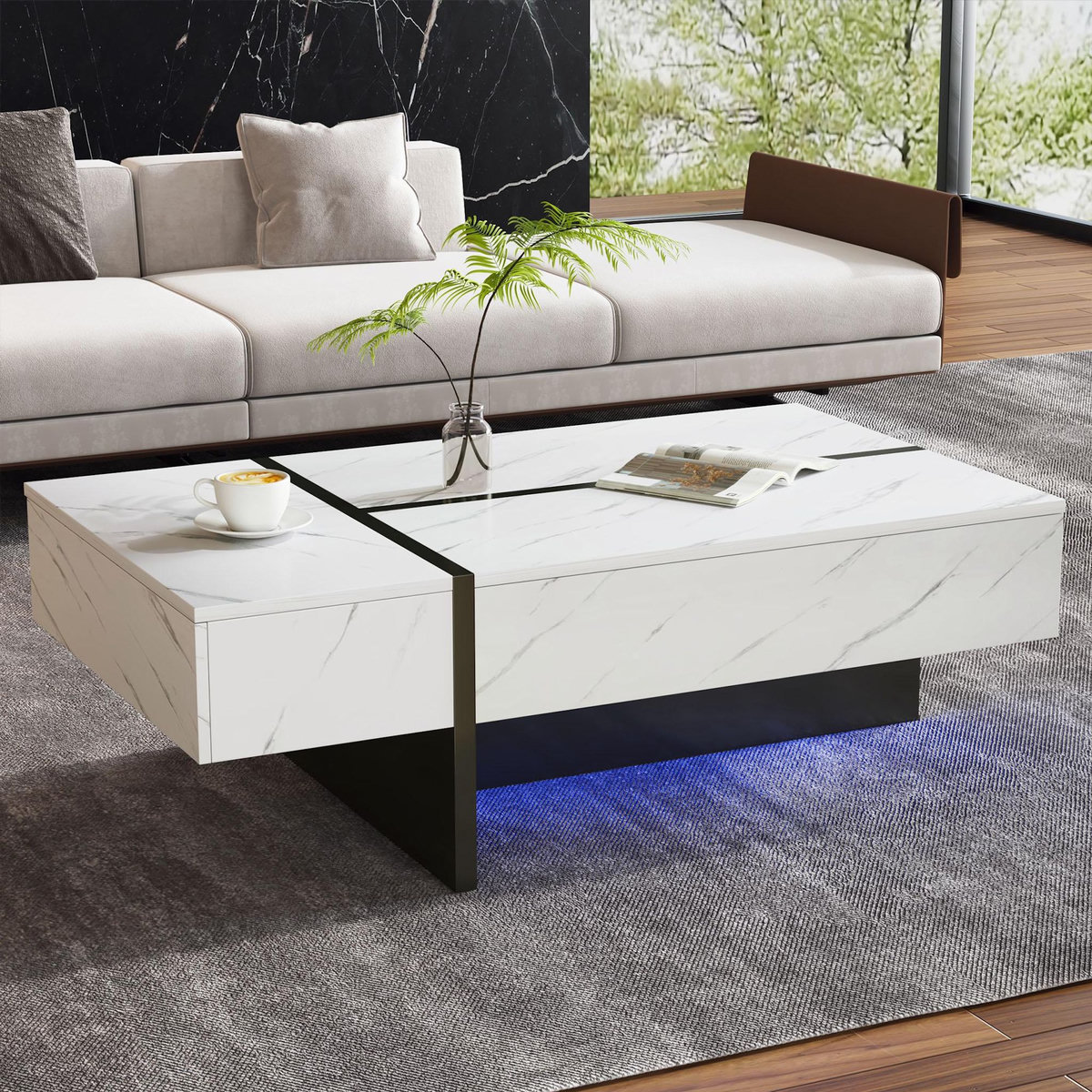 MERAX Table basse rectangulaire blanc avec 3 tiroirs - 60x105 cm led panneau de particules
