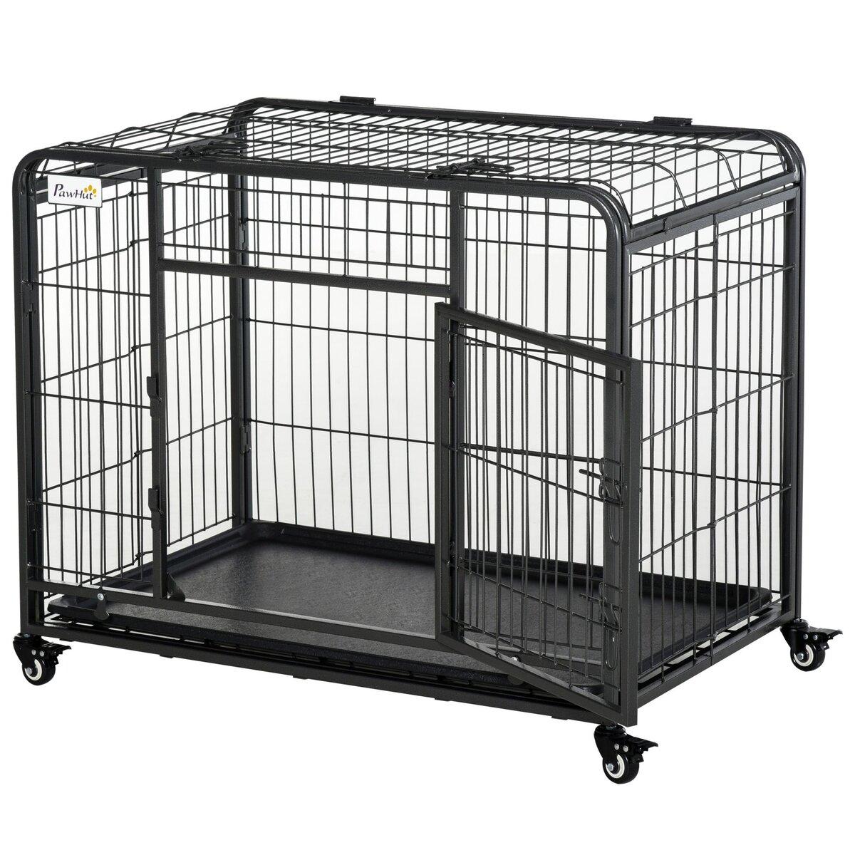 PAWHUT Cage pour chien pliable cage de transport sur roulettes 2 portes verrouillables plateau amovible dim. 94L x 58l x 69H cm métal gris noir