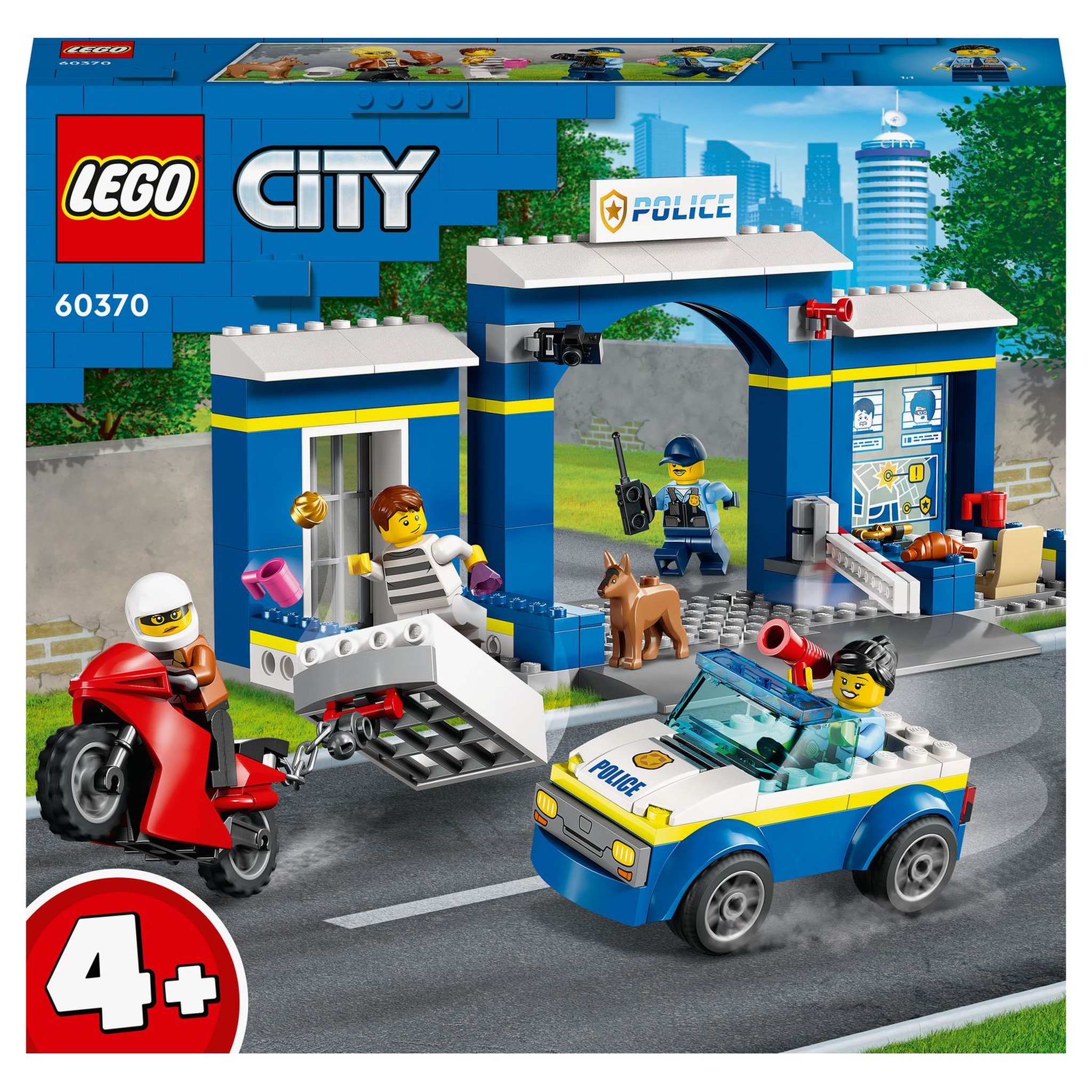 Voir la diapositive 1 : LEGO City 60370 La course poursuite au poste de police, Voiture Jouet et Moto, Prison, 4 Minifigurines et Figurine de Chien, Évasion Prison