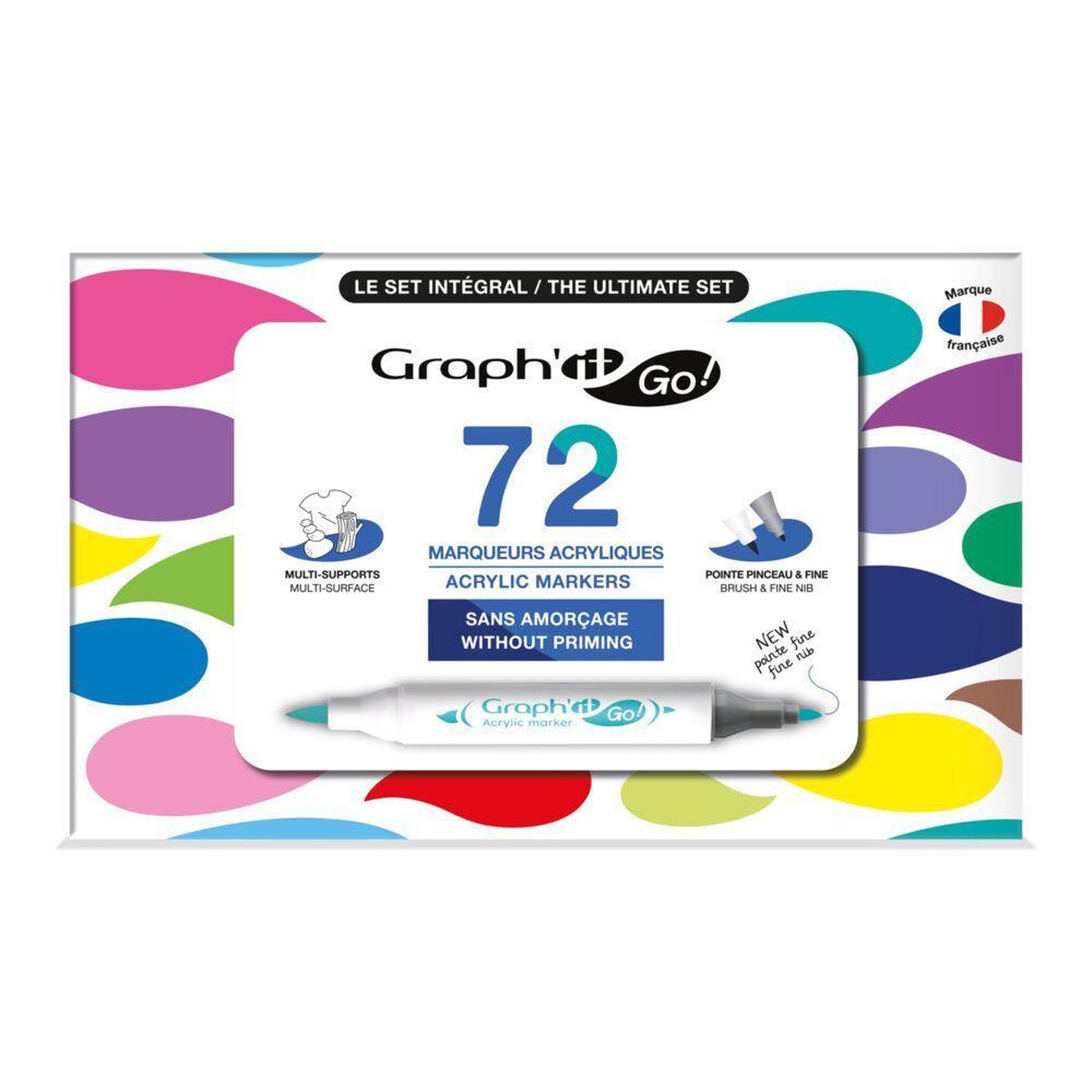 Graph it Set de 72 marqueurs acryliques Graph'it Go, multi-supports, encre à base d'eau sans odeur, pointes fine et pinceau, couleurs multicolores