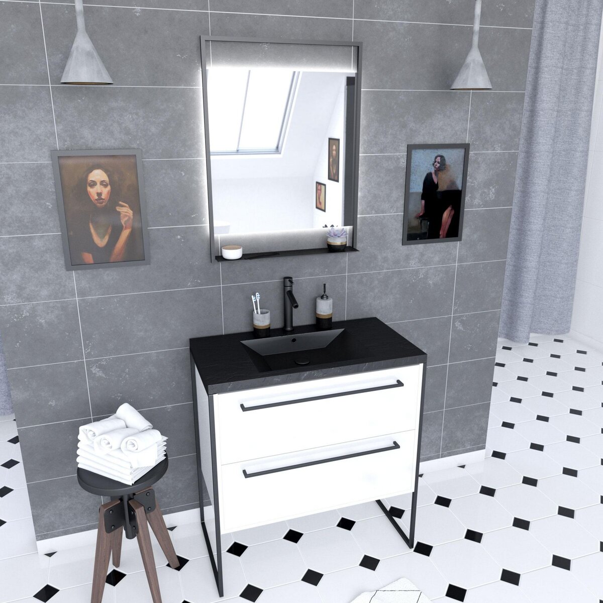 Aurlane Pack meuble de salle de bain 80x50cm Blanc - 2 tiroirs - vasque resine noire effet pierre - miroir