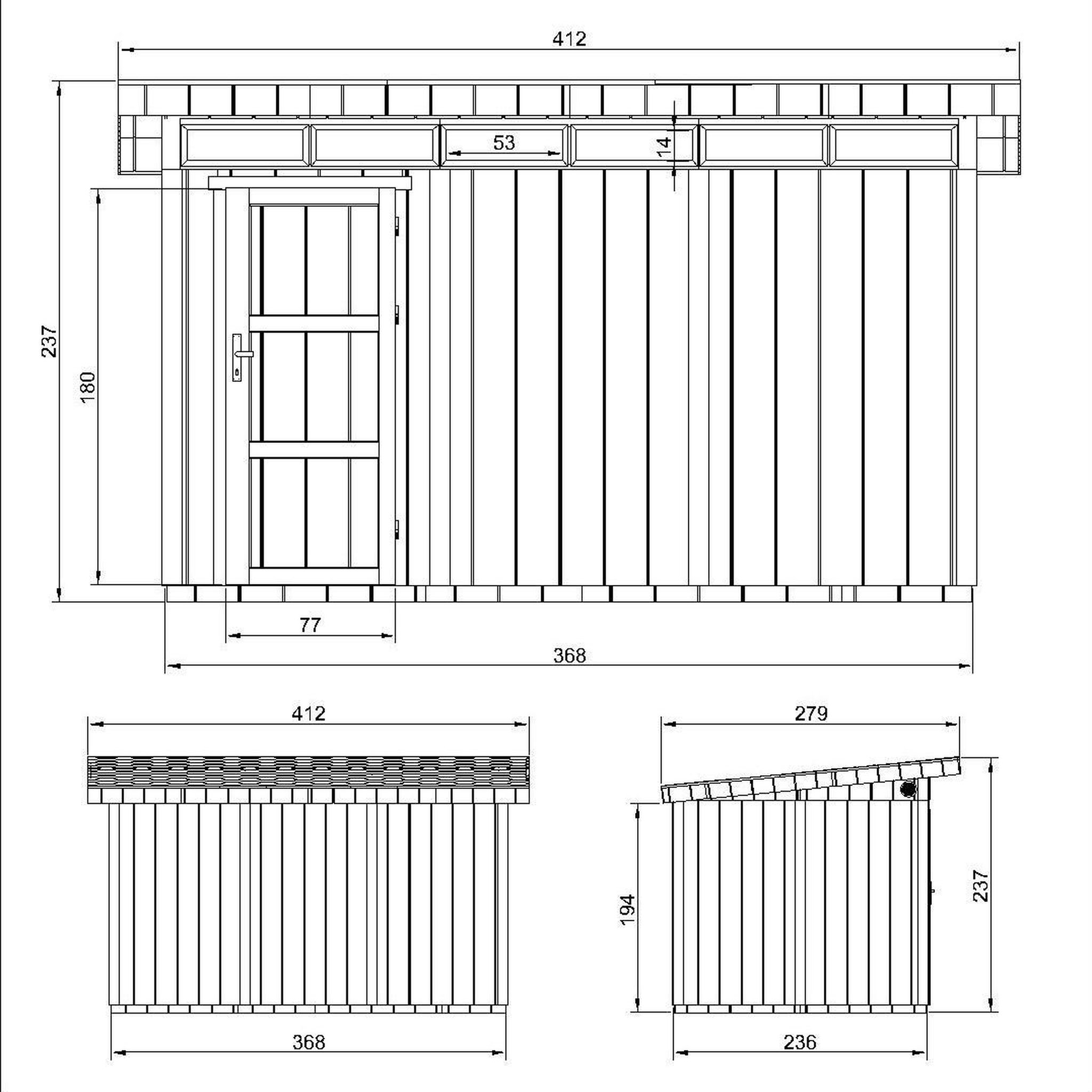 Voir la diapositive 4 : TIMBELA Abri de Jardin Qualité Premium 9m²L412xL279xH237cm avec sol, bardeaux bitumineux M904