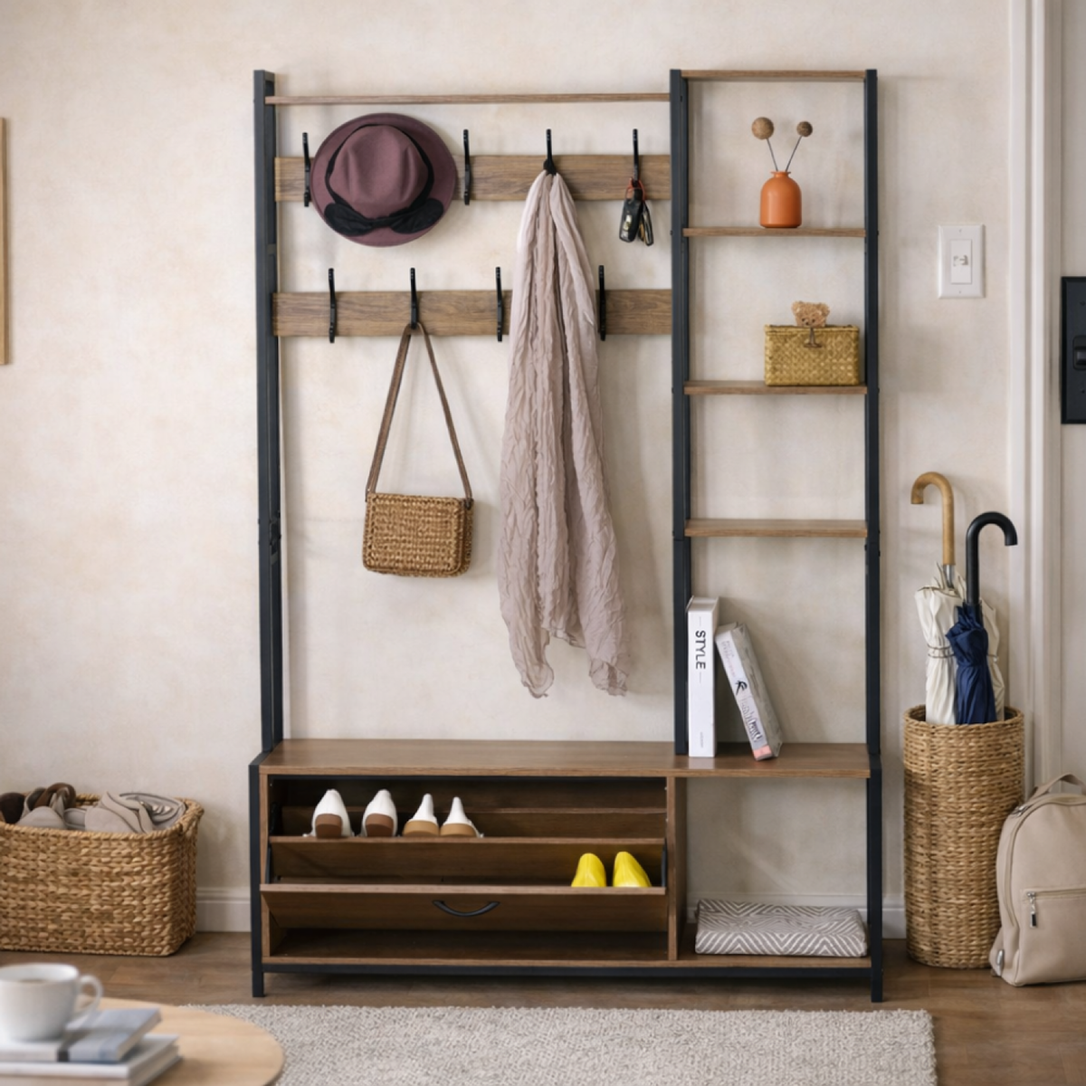 CONCEPT USINE Meuble d'entrée 182x120cm noyer et noir MANTI