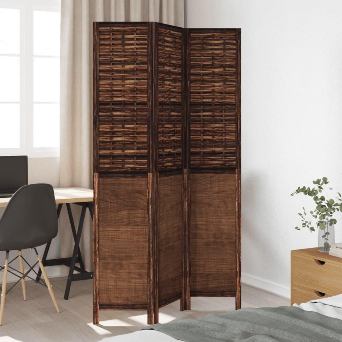 VIDAXL Cloison de separation 3 panneaux marron fonce paulownia massif