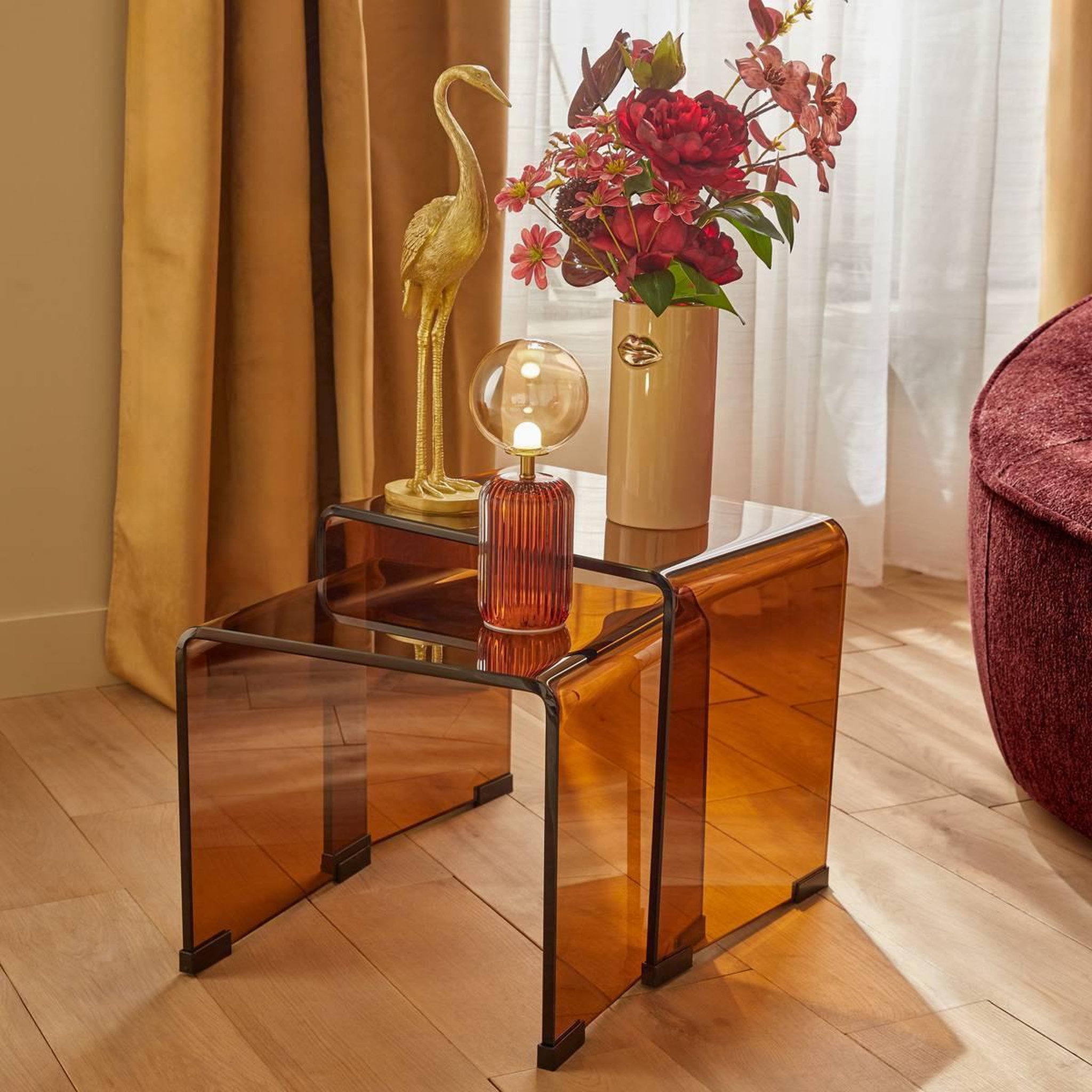 Voir la diapositive 4 : ATMOSPHERA Lot de 2 tables d'appoint gigognes  lenia  47cm ambre