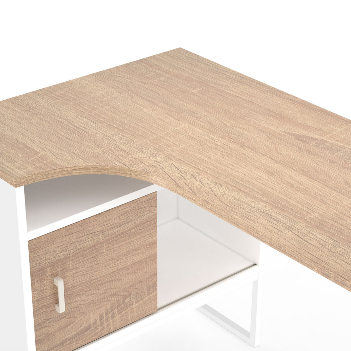 ID MARKET Bureau d'angle ROB blanc et façon hêtre niche de rangement et porte design industriel