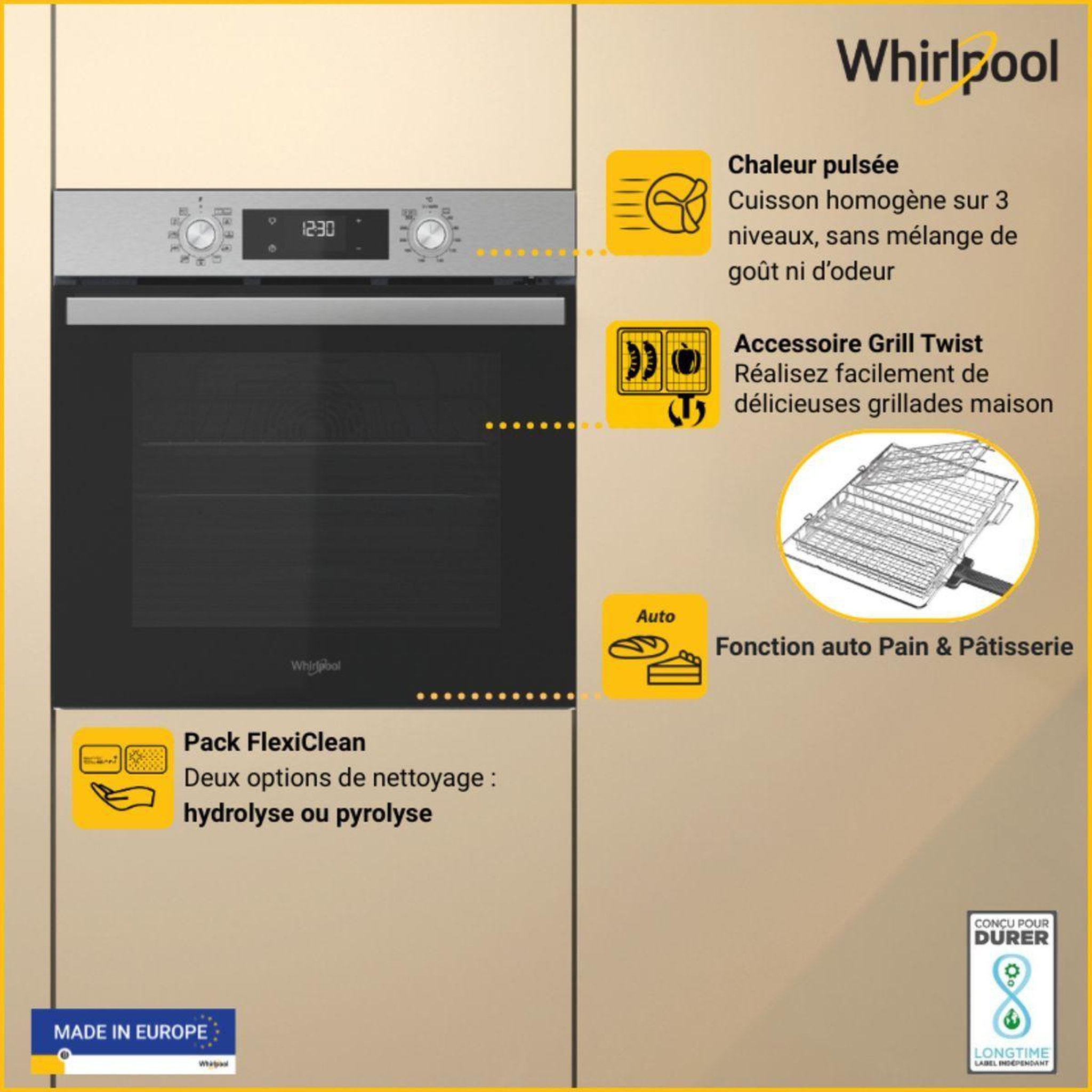 Voir la diapositive 4 : Whirlpool Four encastrable omr58ru0zx - hydrolyse - pyrolyse - chaleur pulsée - ajout vapeur - grill amovible twist