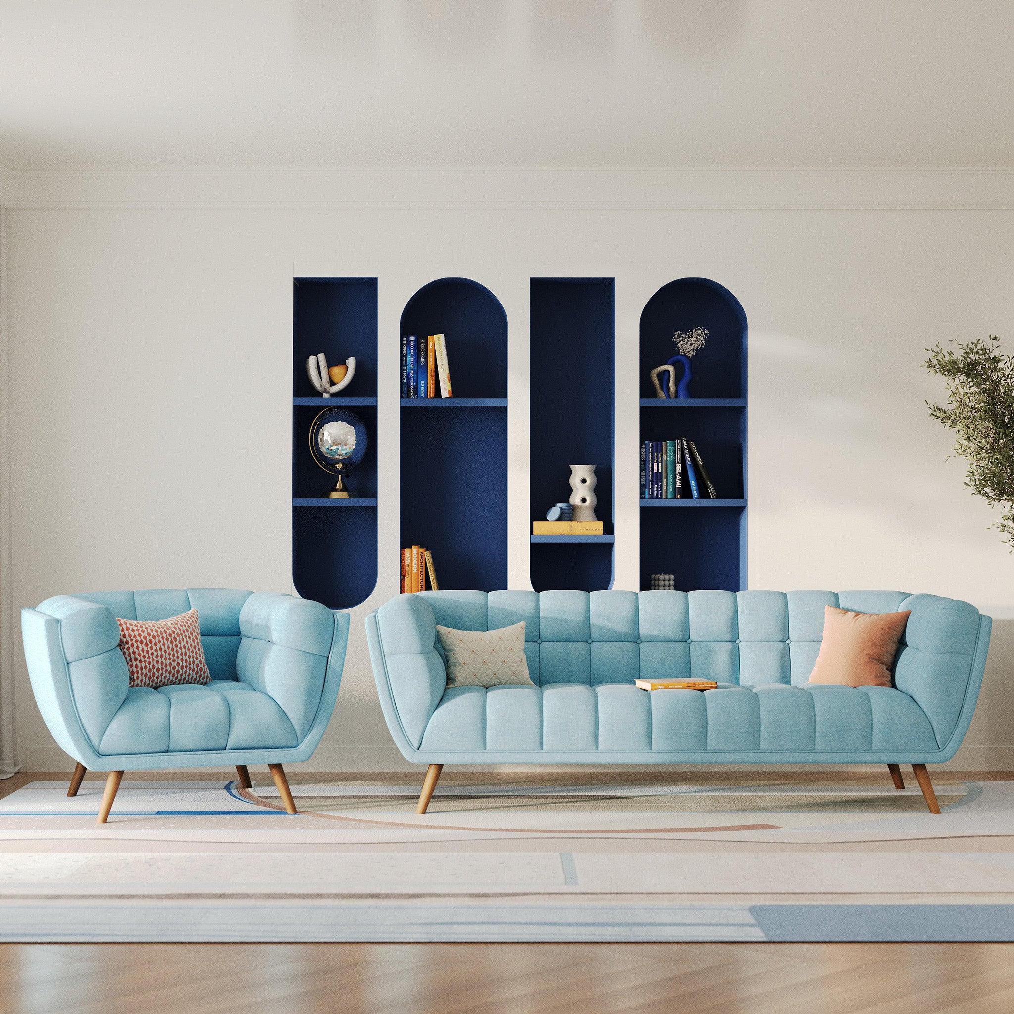 Voir la diapositive 2 : MAISON PAVANE Ensemble canapé et fauteuil en tissu bleu clair 4 places-carmen