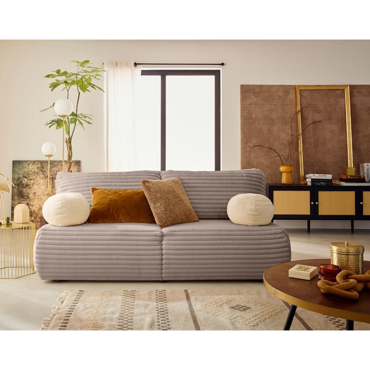 BEST MOBILIER Marvin - canapé 3 places convertible et coffre en fausse fourrure côtelée avec 2 coussins boule inclus