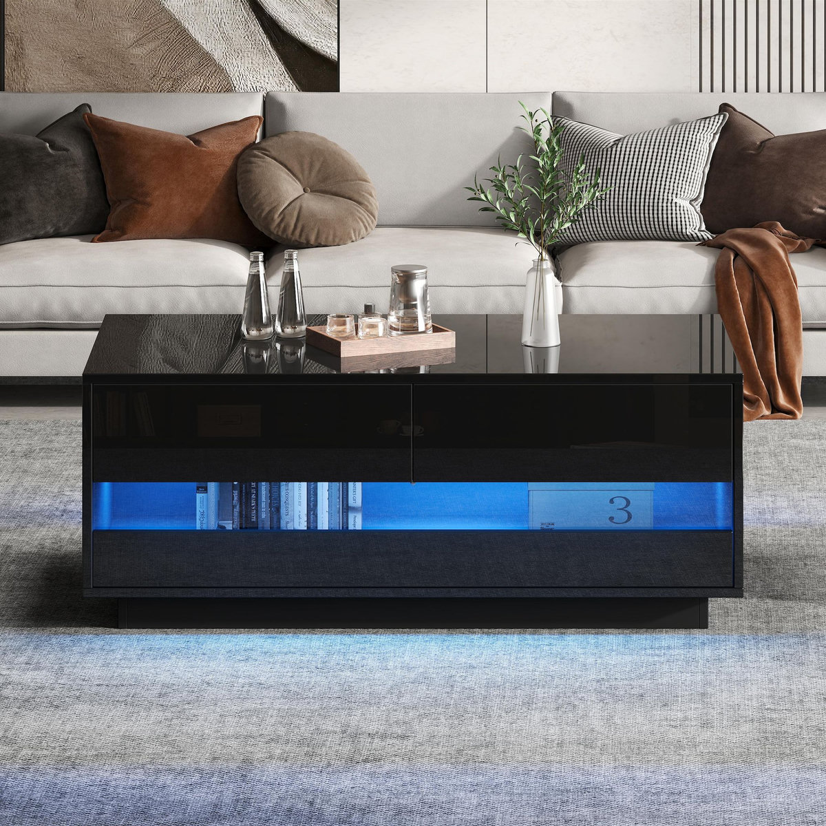 MERAX Table basse rectangulaire noir avec 2 tiroirs - 50x100 cm led mdf