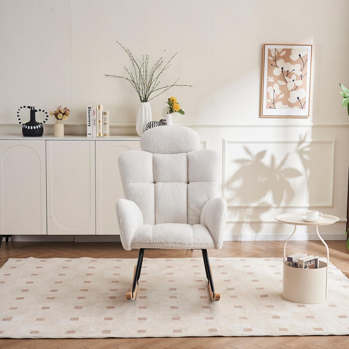 MERAX Fauteuil à Bascule Rocking Chair Fauteuil Relax Avec Têtière Blanc