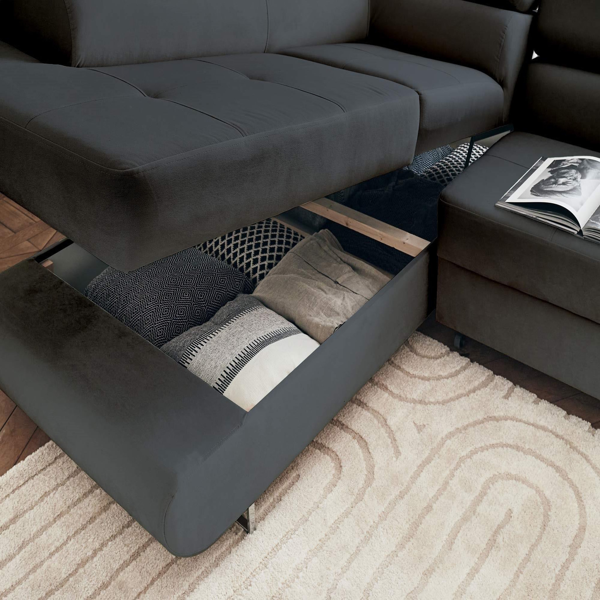 Voir la diapositive 3 : BEST MOBILIER Pablo - canapé d'angle gauche - 5 places - convertible avec coffre et têtières réglables - en velours