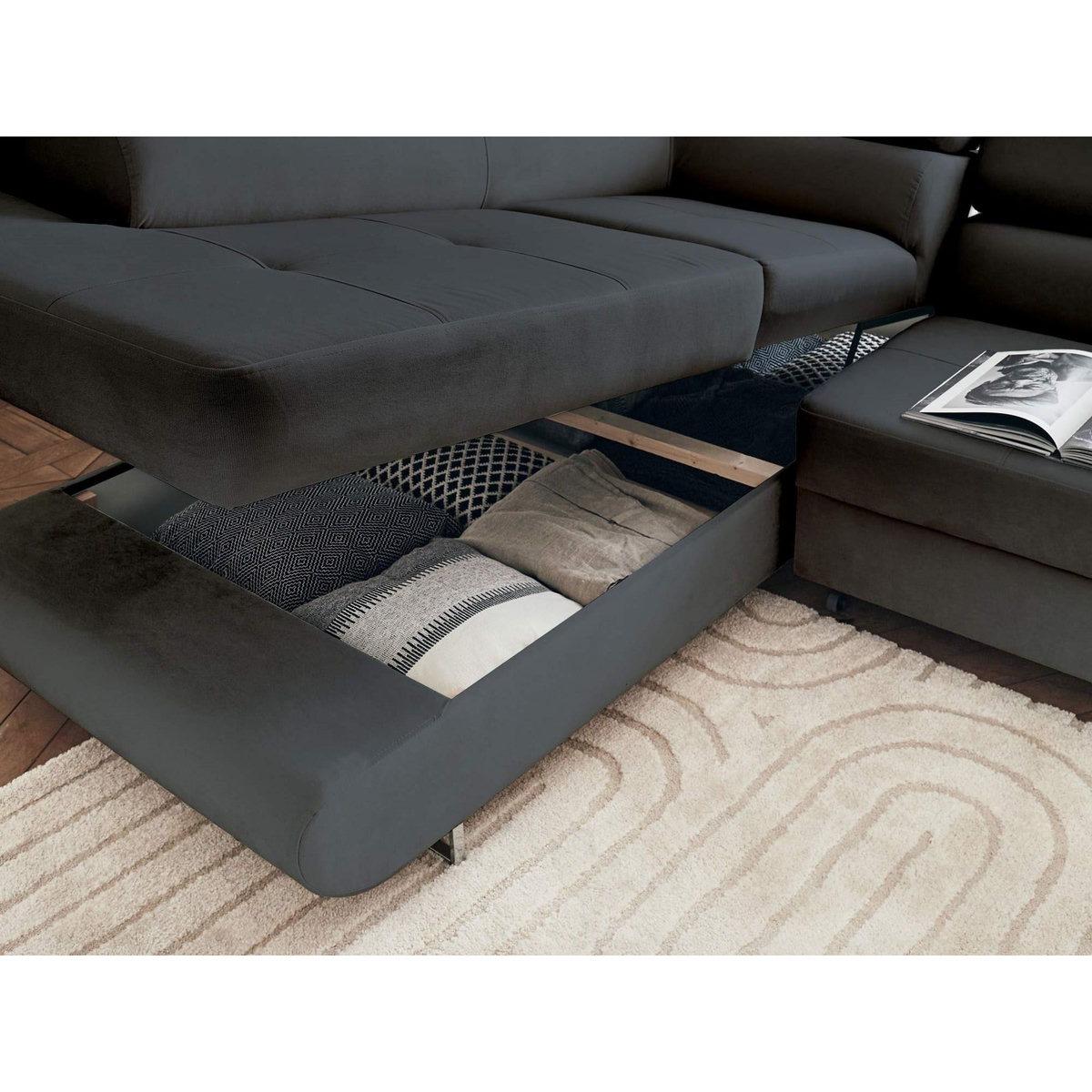 BEST MOBILIER Pablo - canapé d'angle gauche - 5 places - convertible avec coffre et têtières réglables - en velours