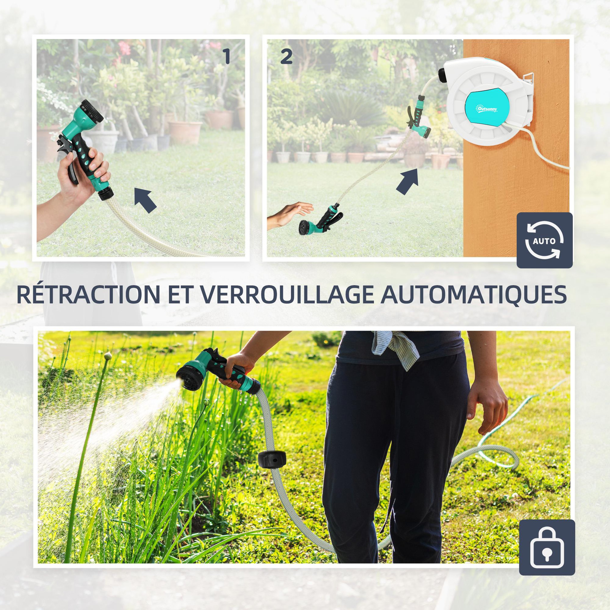 Voir la diapositive 5 : OUTSUNNY Dévidoir mural enrouleur automatique pivotant 180° tuyau 25 + 2 m avec lance arrosage 7 modes support mural intégré gris clair bleu