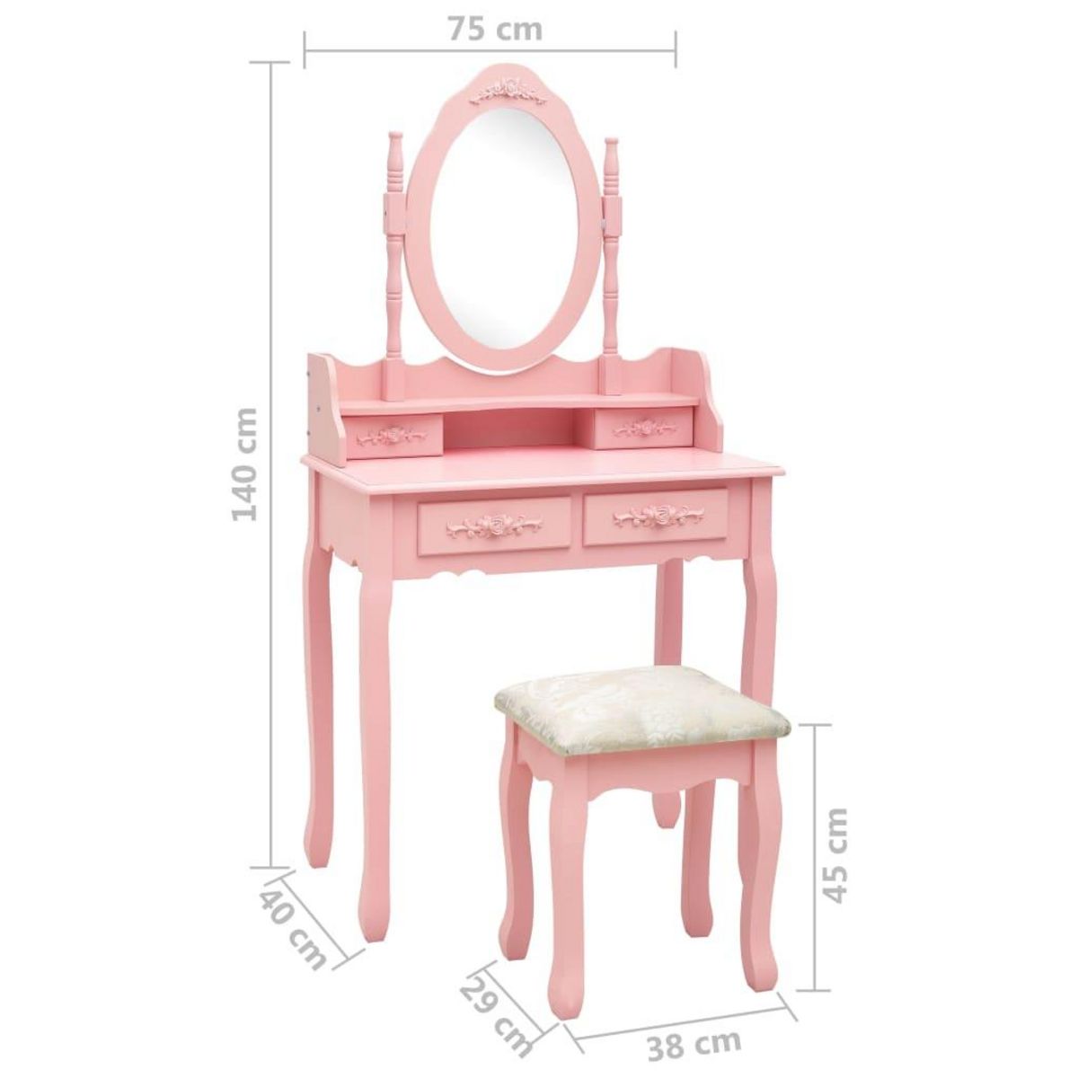 VIDAXL Ensemble de coiffeuse avec tabouret Rose 75x69x140 cm Paulownia