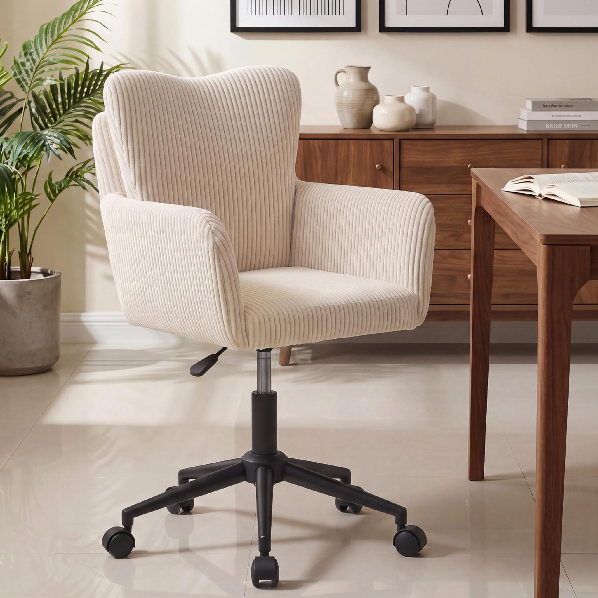Voir la diapositive 2 : ID MARKET Chaise de bureau zack en velours côtelé beige avec coussin pivotante et hauteur réglable à roulettes