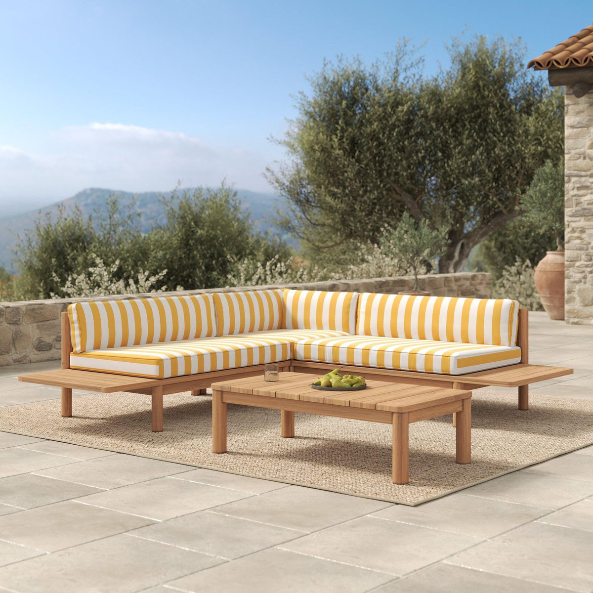 Rendez vous déco Canapé d'angle de jardin, teck massif, coussins rayés jaunes 4 places-Nadila