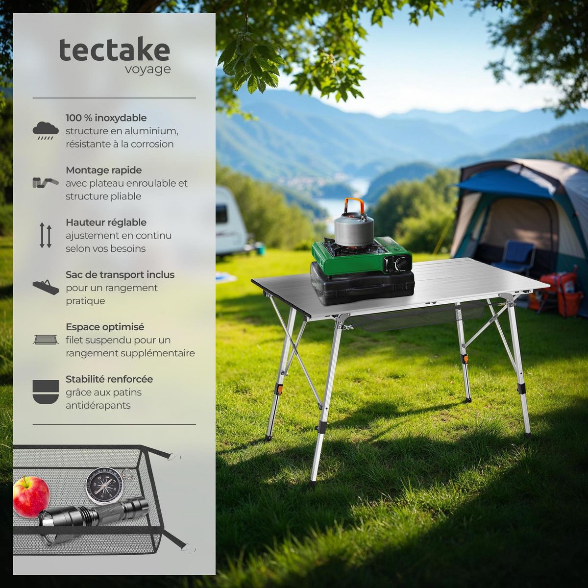 tectake Table de camping pliante argent
