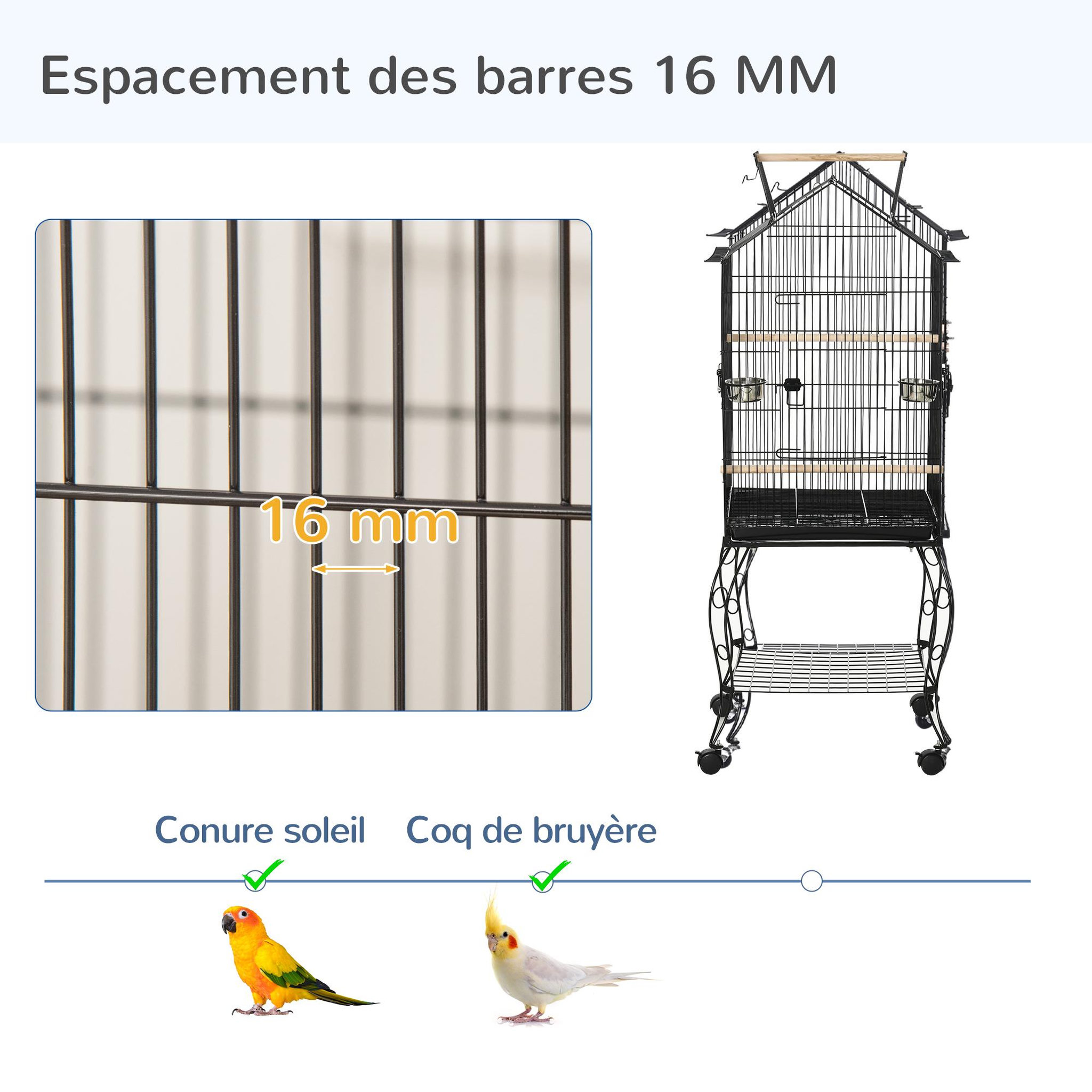 Voir la diapositive 6 : PAWHUT Cage à oiseaux sur pied volière avec 2 mangeoires perchoirs plateau amovible poignée et roulettes - 50 x 58 x 137-145 cm noir