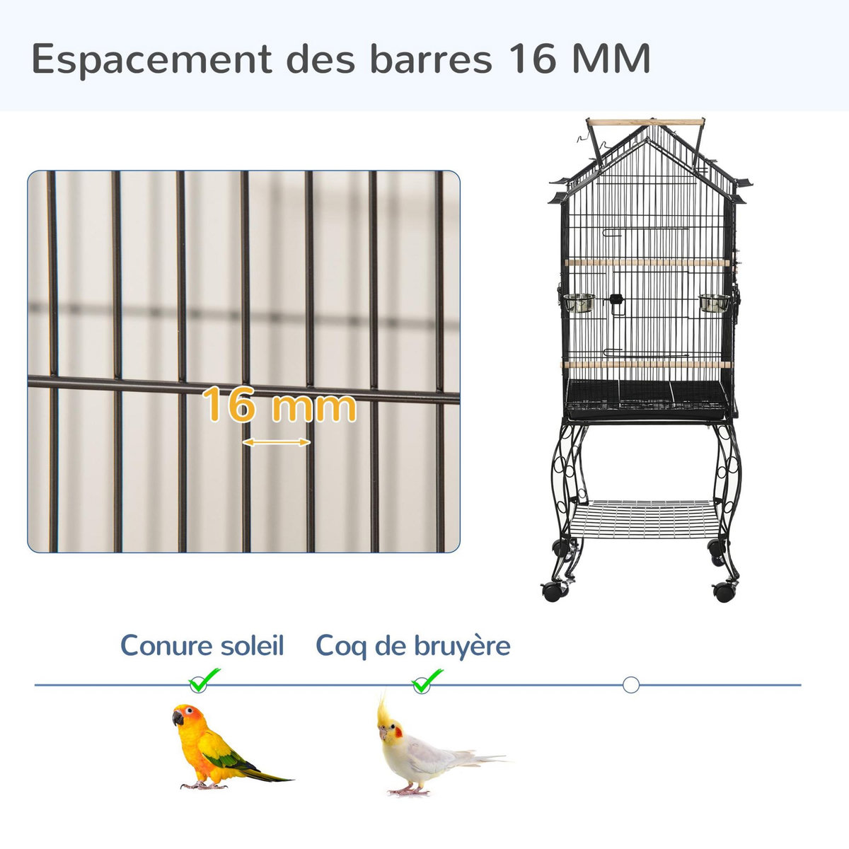 PAWHUT Cage à oiseaux sur pied volière avec 2 mangeoires perchoirs plateau amovible poignée et roulettes - 50 x 58 x 137-145 cm noir