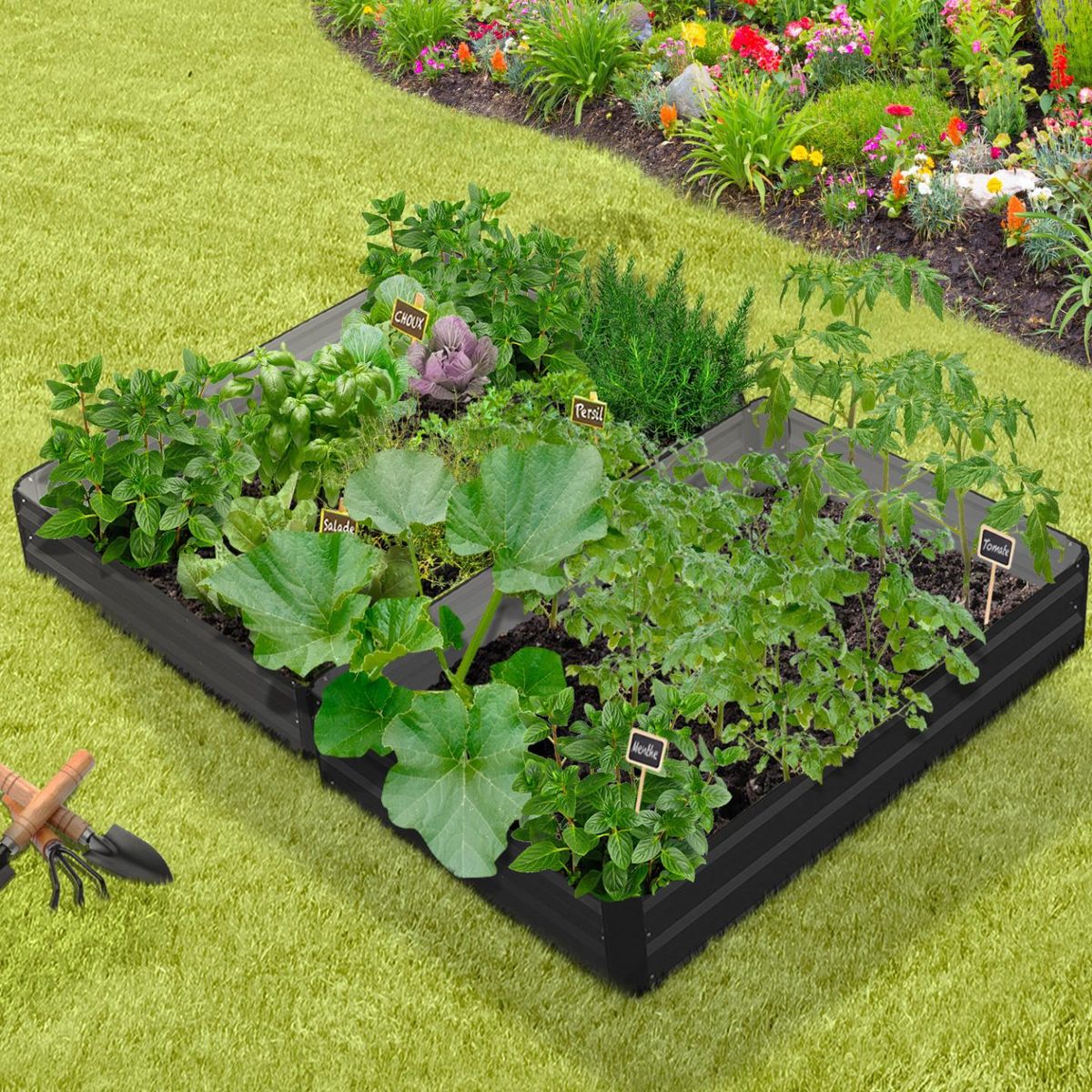 ID MARKET Lot de 2 carrés potager en métal châssis rectangulaire 80x115 cm gris anthracite