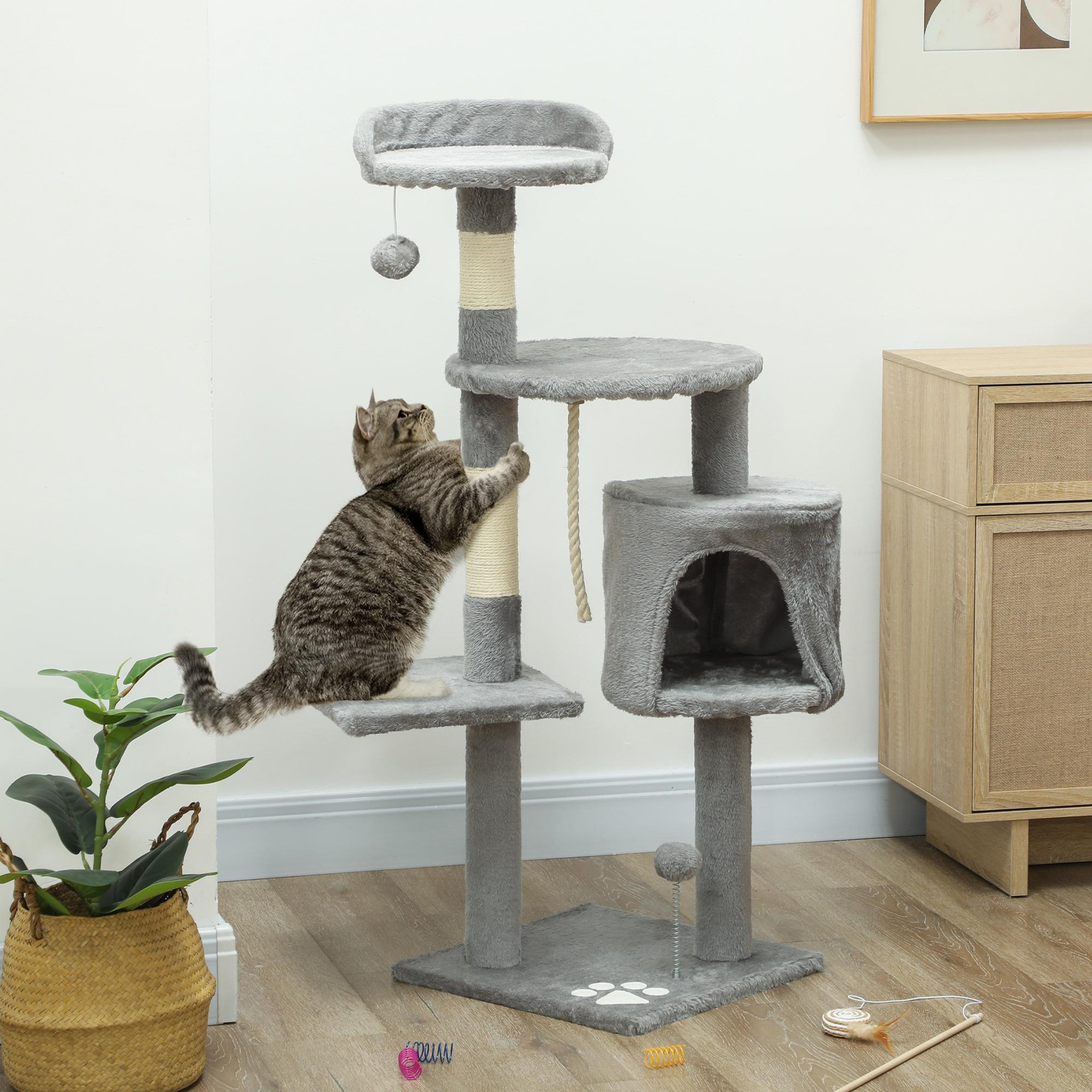 Voir la diapositive 4 : PAWHUT Arbre à chats multi-équipements griffoirs grattoirs plateformes niche corde jouets 40l x 40l x 114h cm gris