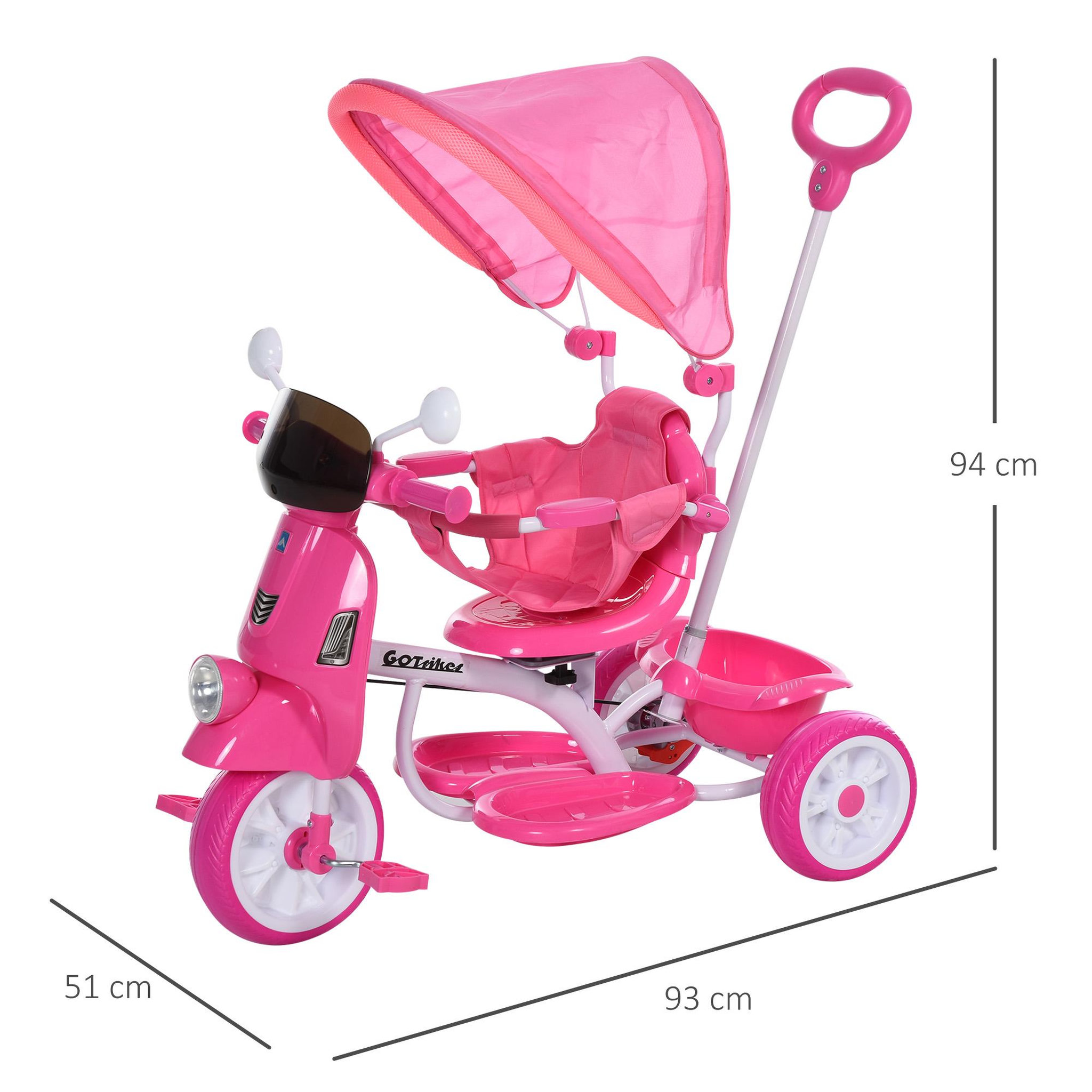Voir la diapositive 3 : HOMCOM Tricycle enfants évolutif canne, pare-soleil pliable amovible effets lumineux sonores métal blanc PP rose