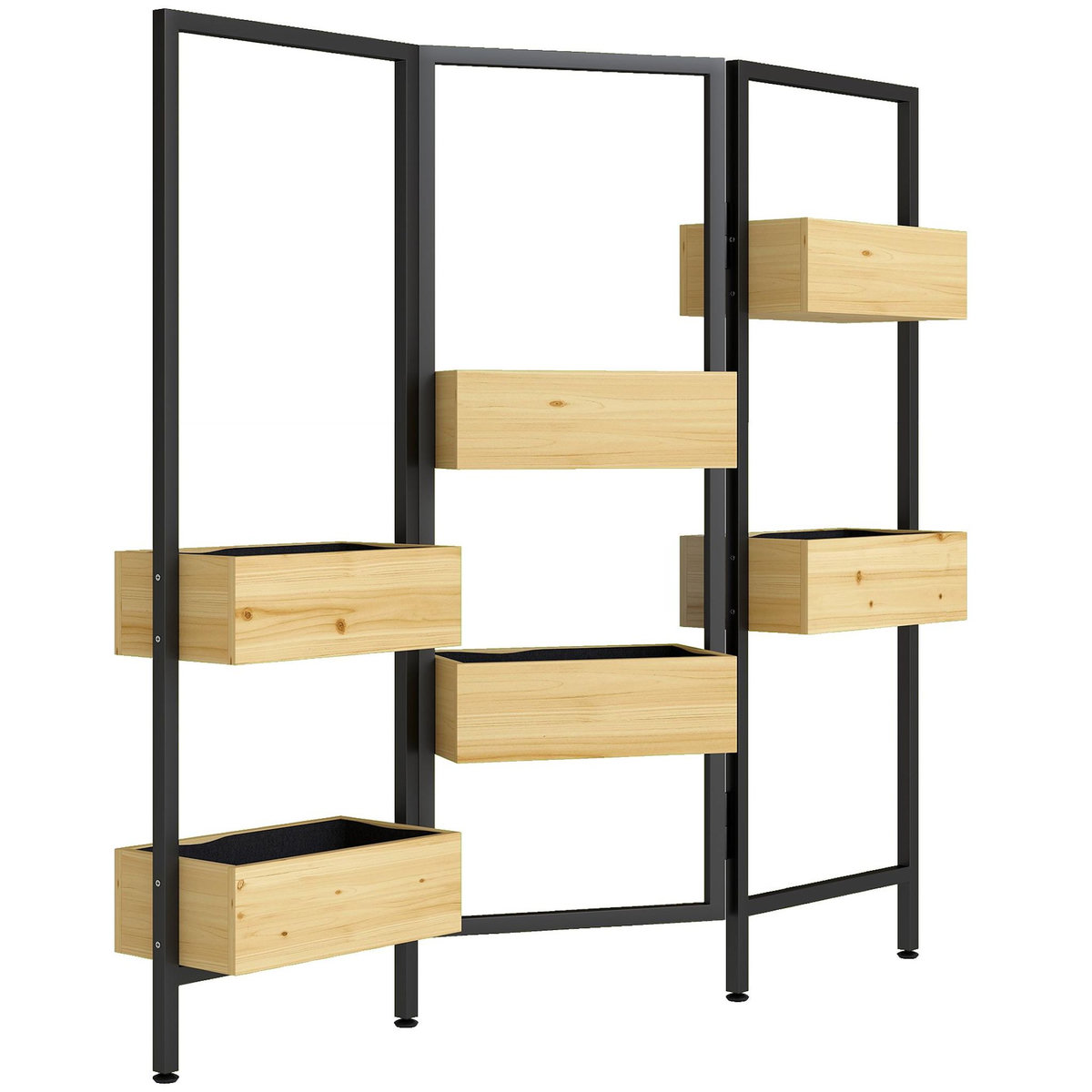 OUTSUNNY Séparateur de pièce intérieur extérieur 3 panneaux - 6 jardinières - acier noir bois