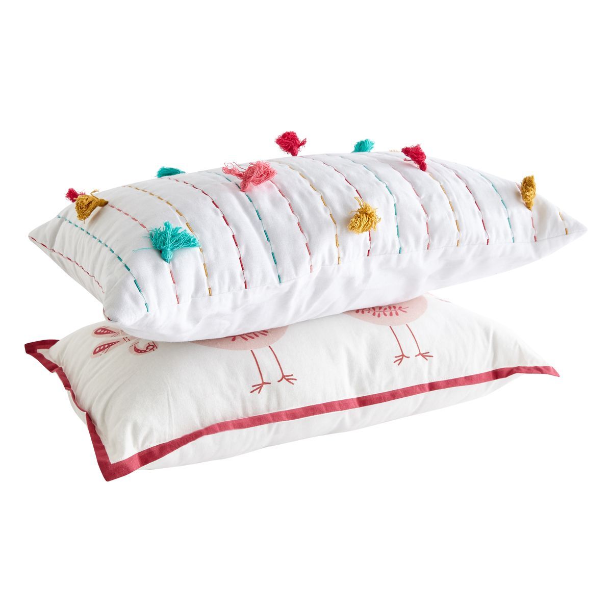 ACTUEL Coussin déco enfant rectangulaire en coton mini pompons