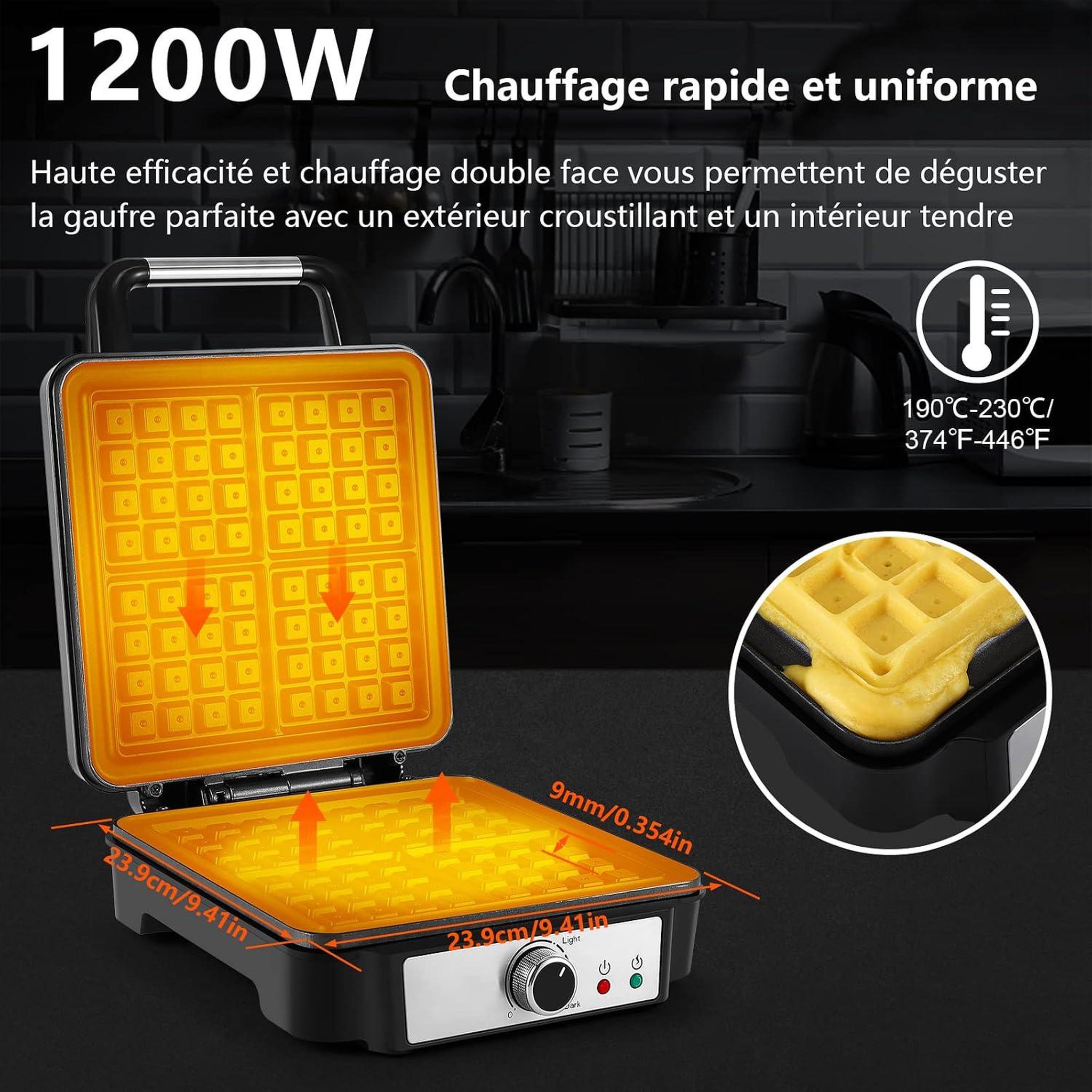 Voir la diapositive 2 : YASHE Gaufrier belge, 4 gaufres, 1200 W, 5 niveaux