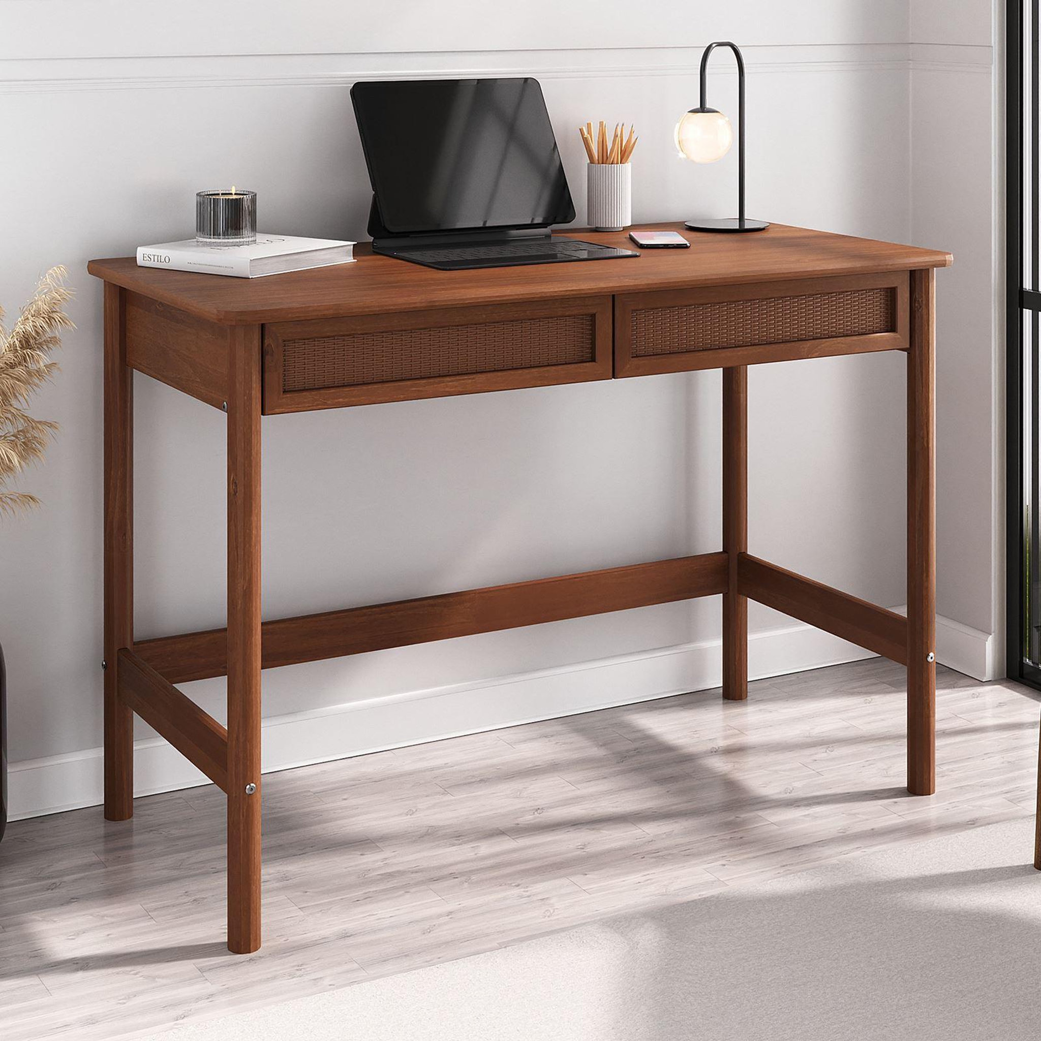 Voir la diapositive 3 : IDIMEX Bureau RODRIGO H 76 cm avec 2 tiroirs en bois massif