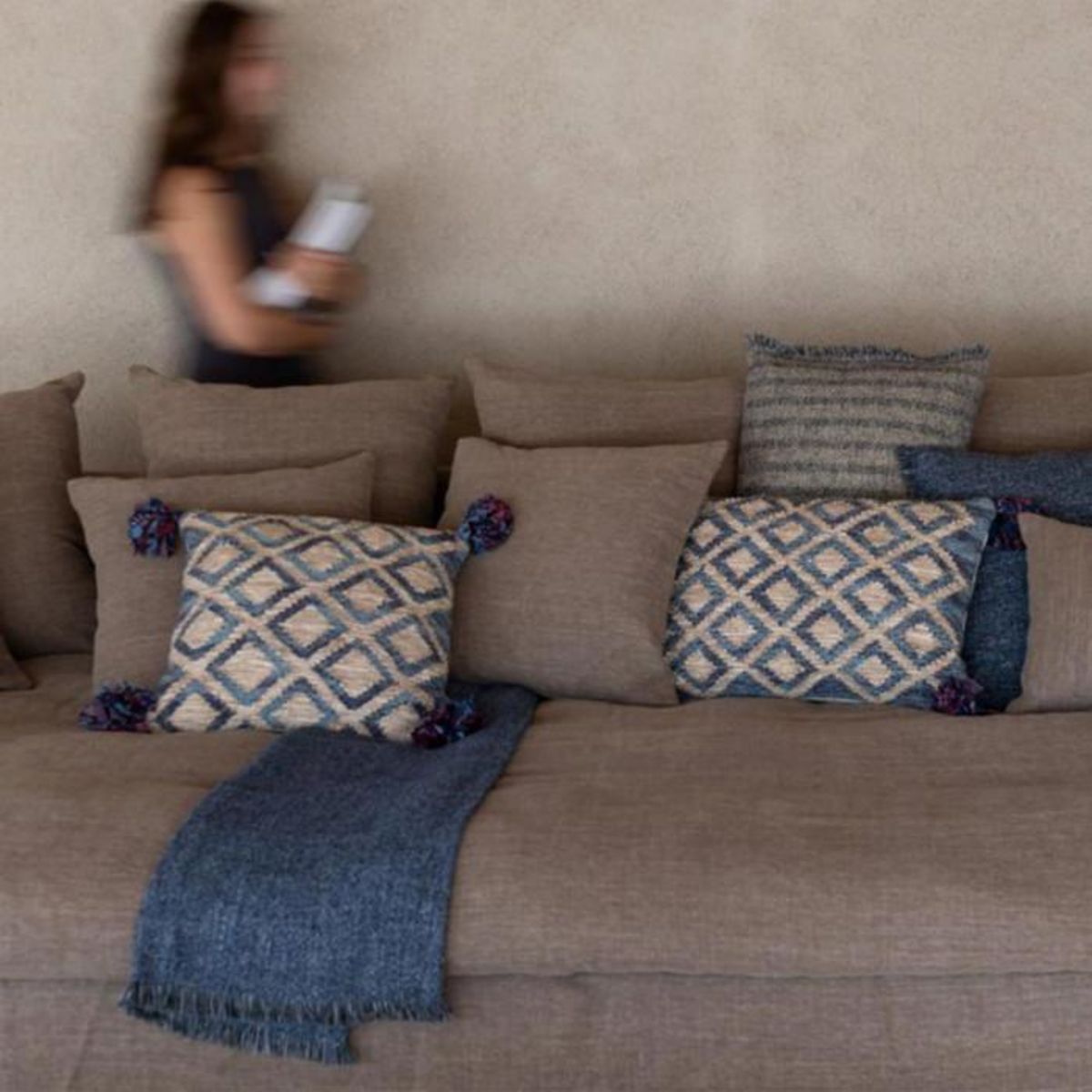 Paris Prix Coussin Déco en Jute  Losanges  45x45cm Naturel & Bleu