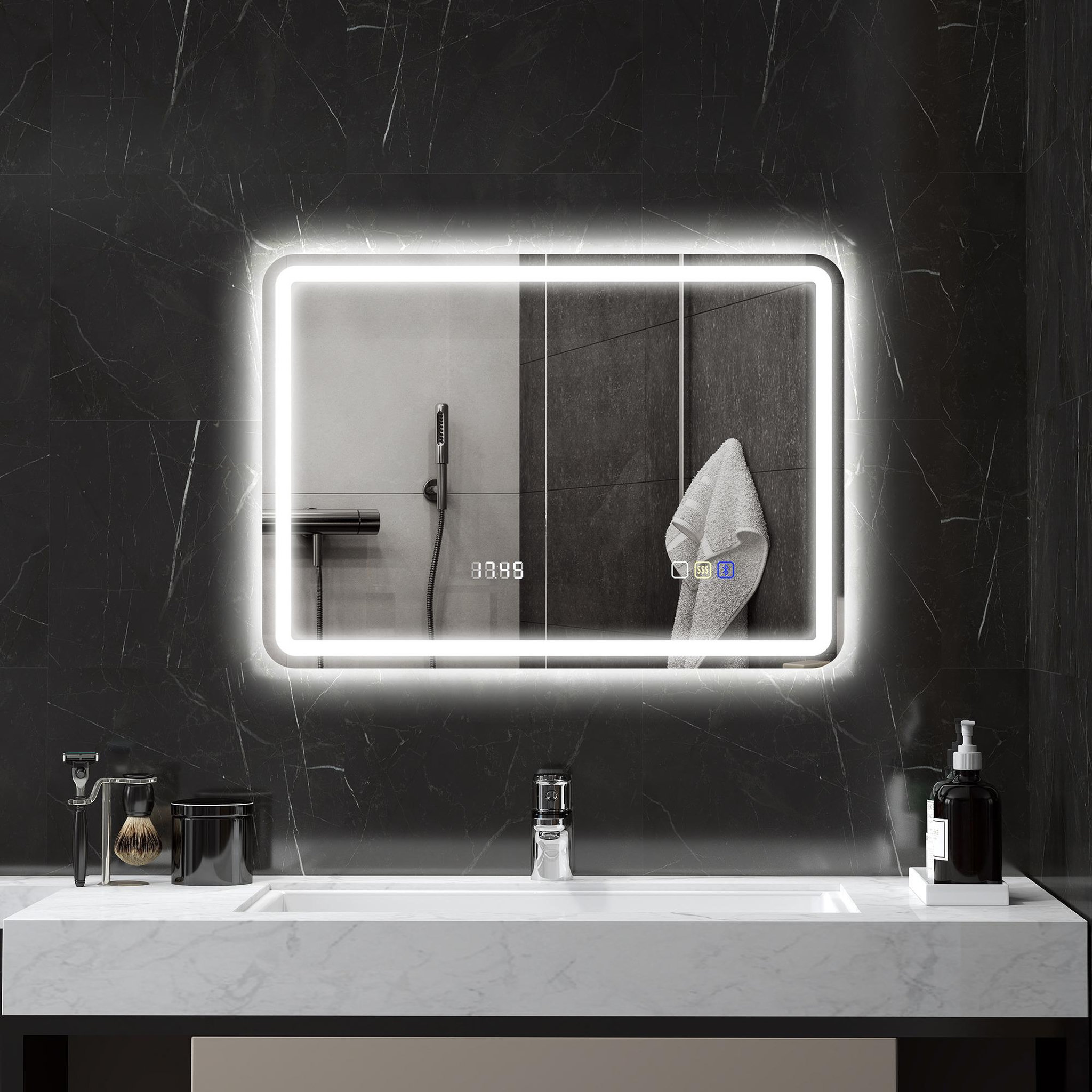 Voir la diapositive 2 : HOMCOM Miroir lumineux led salle de bain bluetooth 50x70cm - horloge numérique, antibuée, tactile, réglable - verre trempé 4 mm