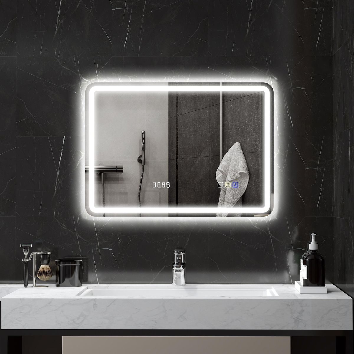 HOMCOM Miroir lumineux LED salle de bain Bluetooth 50x70cm - horloge numérique, antibuée, tactile, réglable - verre trempé 4 mm