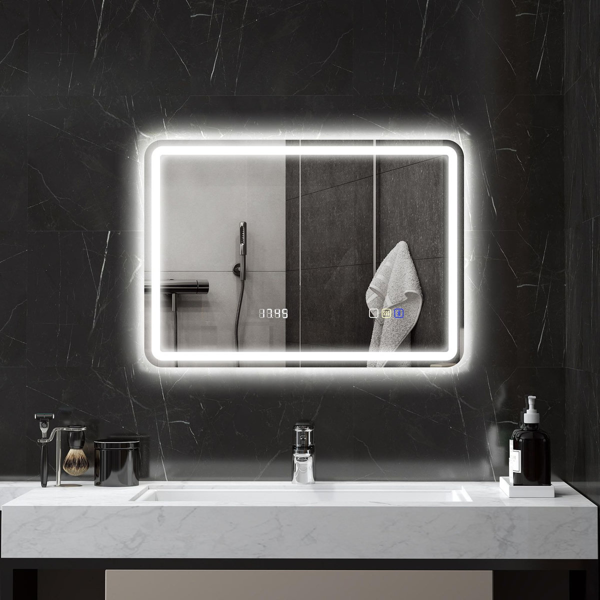 HOMCOM Miroir lumineux LED salle de bain Bluetooth 50x70cm - horloge numérique, antibuée, tactile, réglable - verre trempé 4 mm
