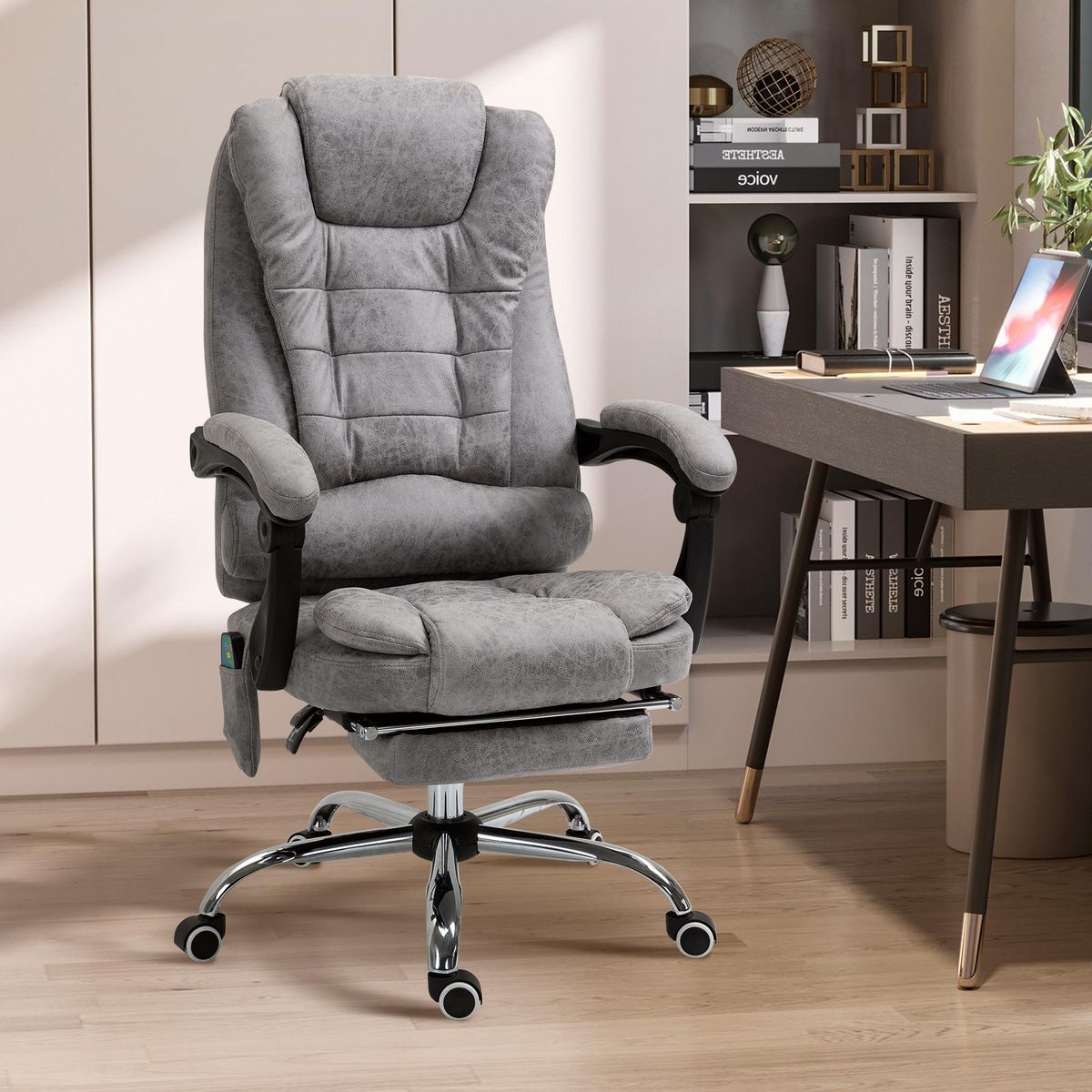 VINSETTO Fauteuil de bureau direction massant chauffant hauteur réglable dossier inclinable repose-pied rétractable tissu technique gris