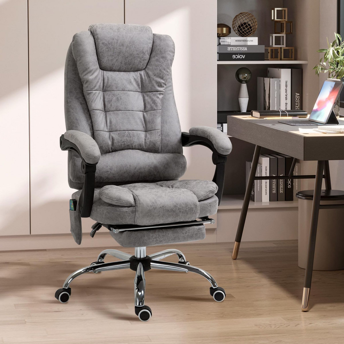 VINSETTO Fauteuil de bureau direction massant chauffant hauteur réglable dossier inclinable repose-pied rétractable tissu technique gris