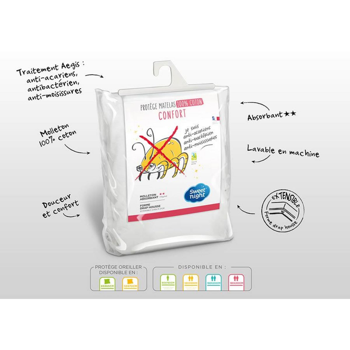 Sweetnight Protège matelas coton anti-acariens - Forme drap housse QUALITE PLUS