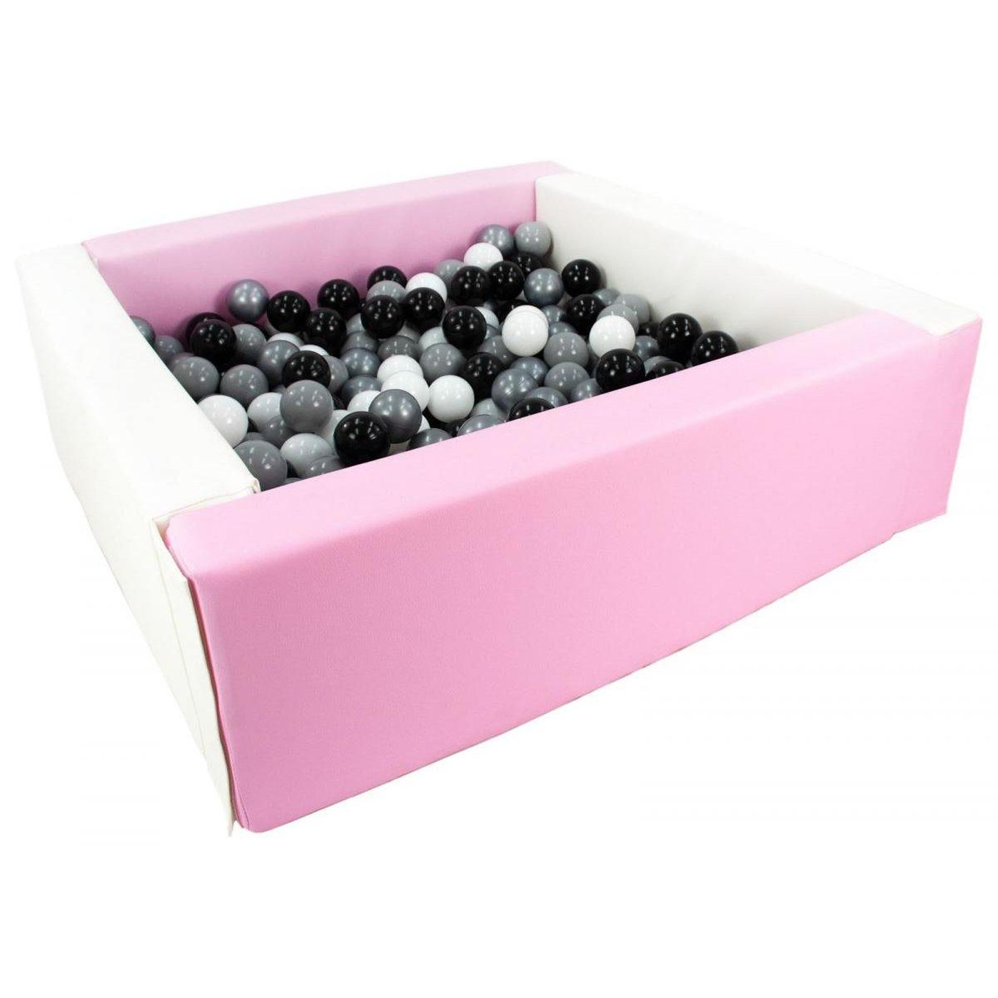 VELINDA Piscine à balles carrée avec 300 balles - blanc, rose (pastel)/noir, blanc, gris, argent