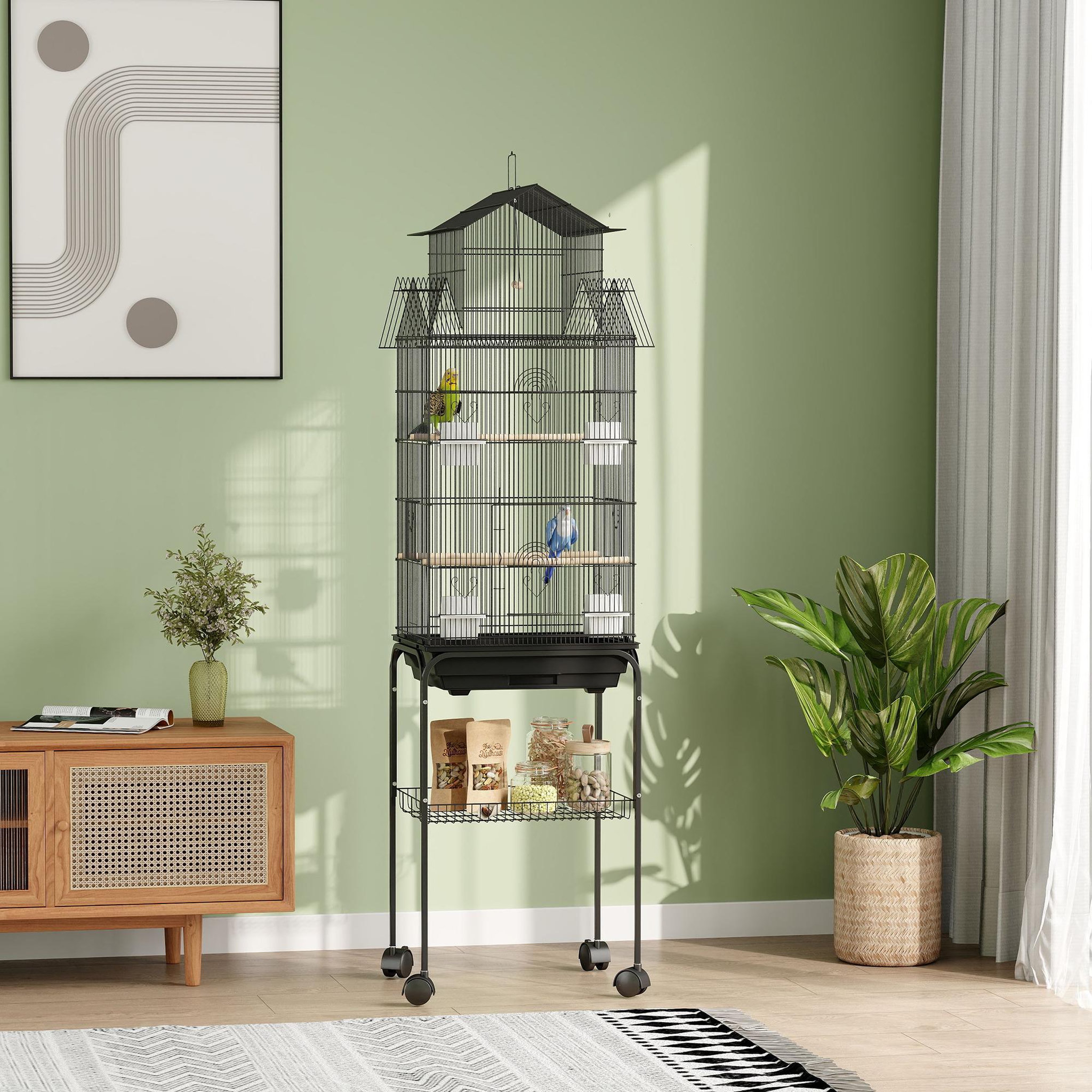 Voir la diapositive 2 : PAWHUT Cage à oiseaux design maison sur roulettes mangeoires perchoirs balançoire grande porte 8 trappes plateau déjection