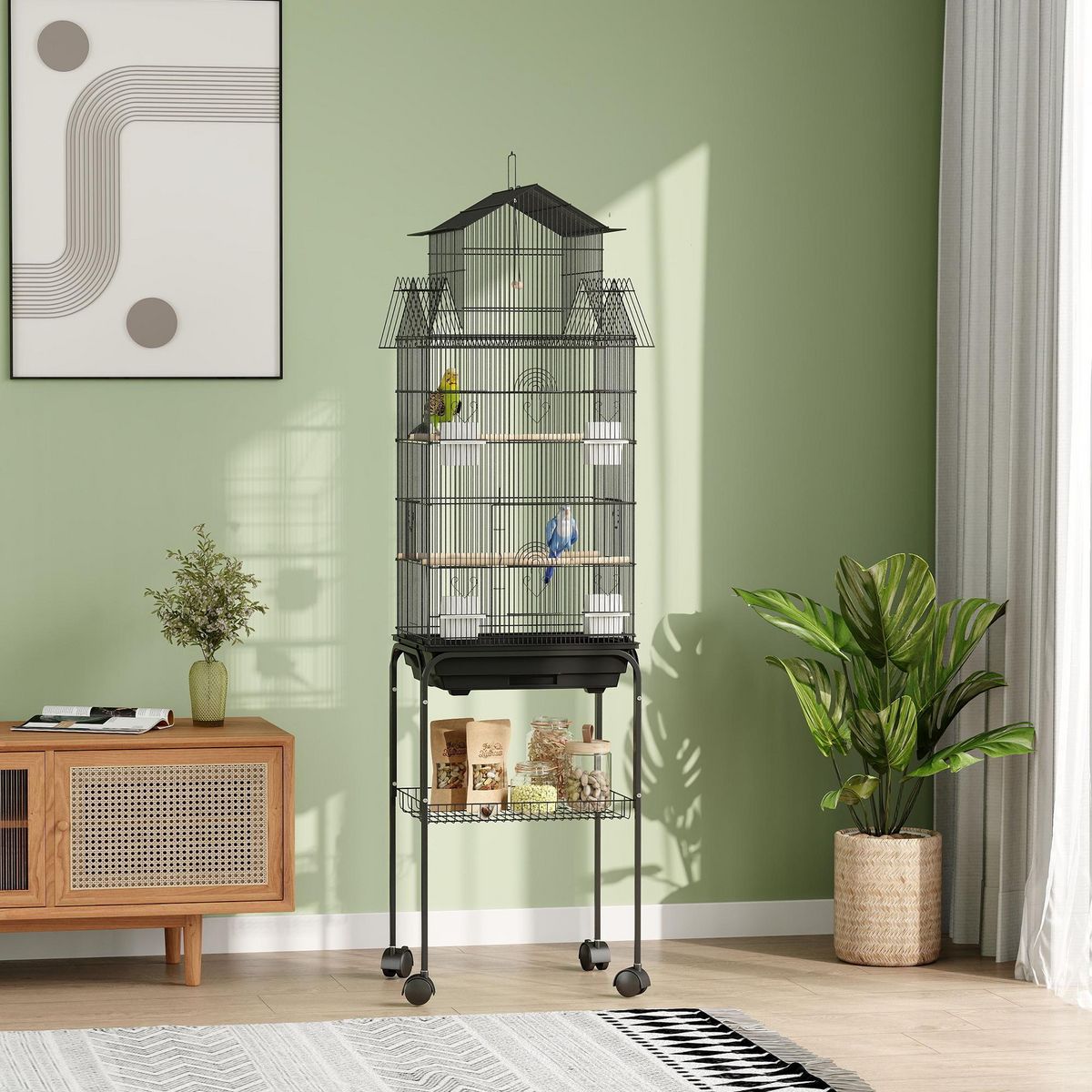 PAWHUT Cage à oiseaux design maison sur roulettes mangeoires perchoirs balançoire grande porte 8 trappes plateau déjection