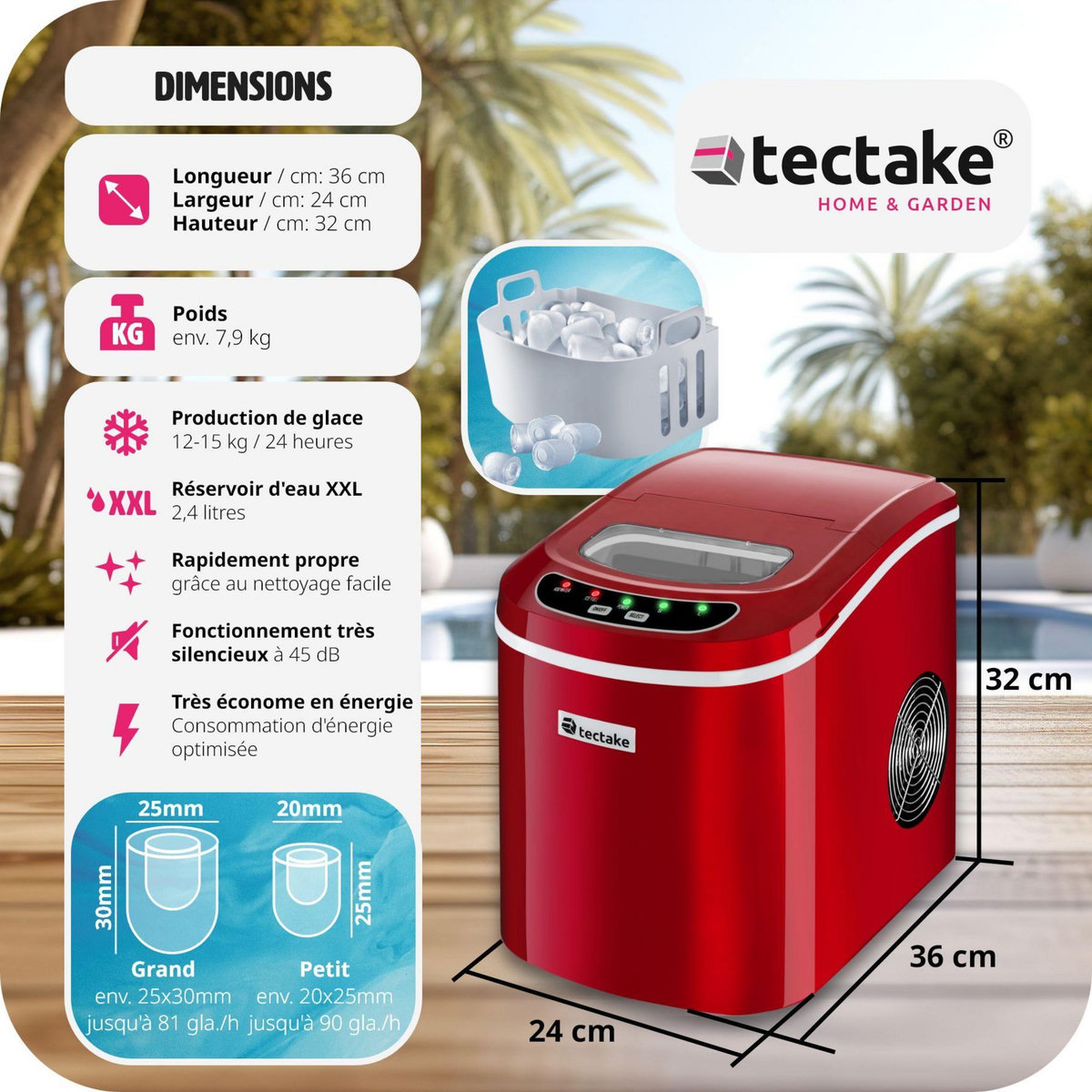 tectake Machine à glaçons 2,4 L réservoir d'eau rouge