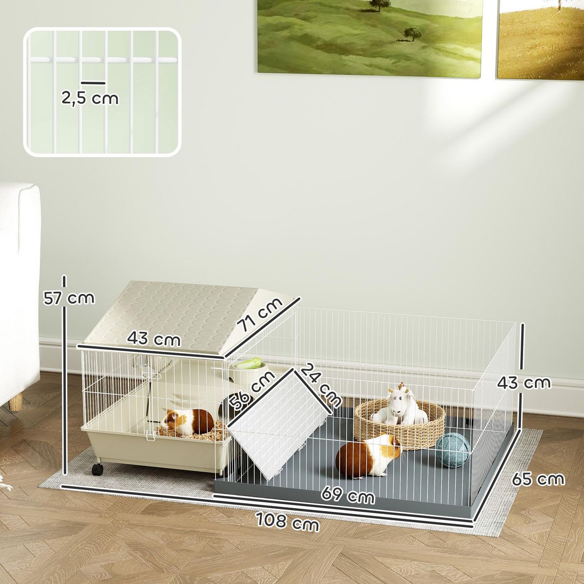 PAWHUT Cage cochon d'inde rongeur parc amovible tapis imperméable balcon bol rampe 4 roulettes acier PP gris beige